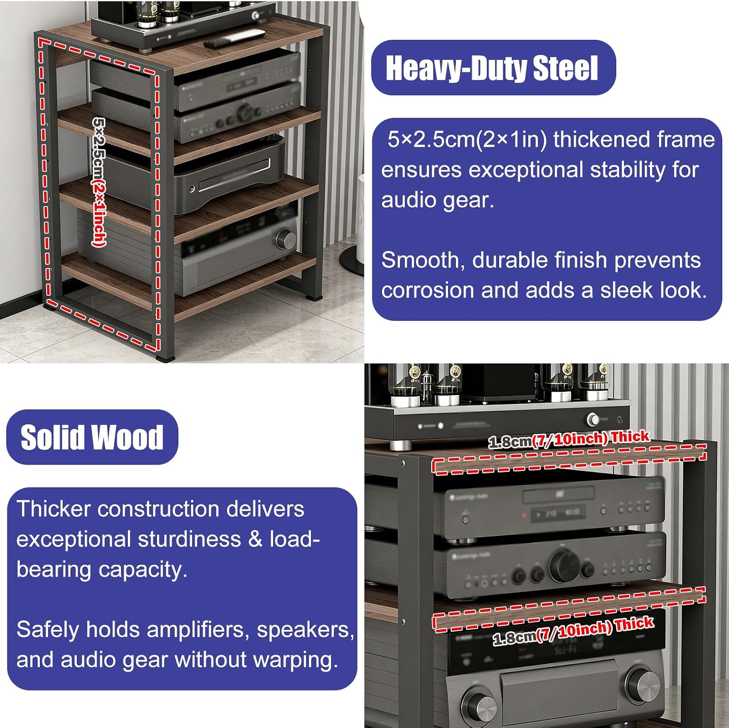 YLLFFLL Home Audio Rack with Wheels 3 4 5 Tier, Floor Standing Removable Stereo Cabinet Media Organizer Equipment Shelf, HiFi Stands with Height-Adjustable Shelf(W 19 7/10IN,3 Shelf)