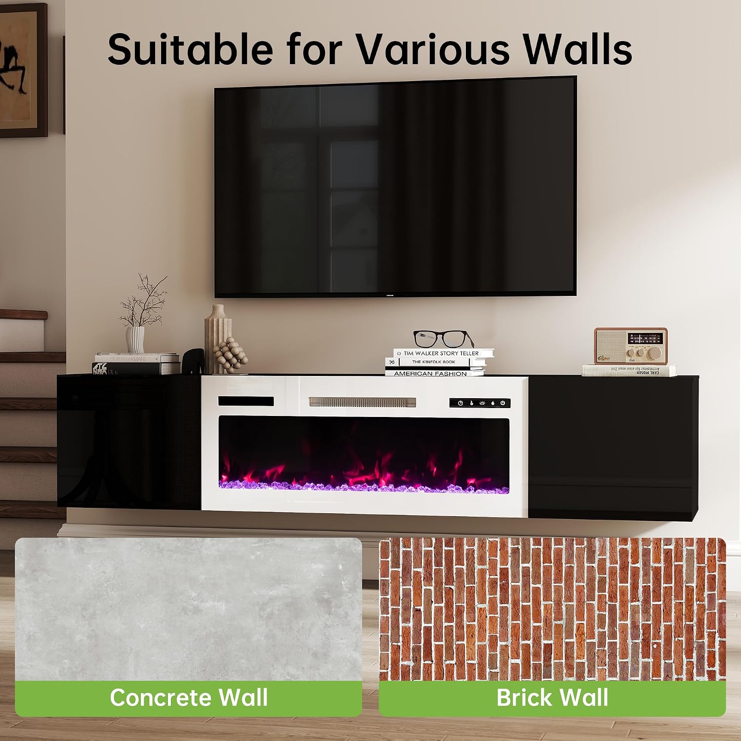 Real Relax 70' Floating TV Stand with 36' Electric Fireplace, Wall Mounted Entertainment Center with Storage, Remote Control, Modern LED Lights Fireplace TV Console for TVs Up to 80', Black/White