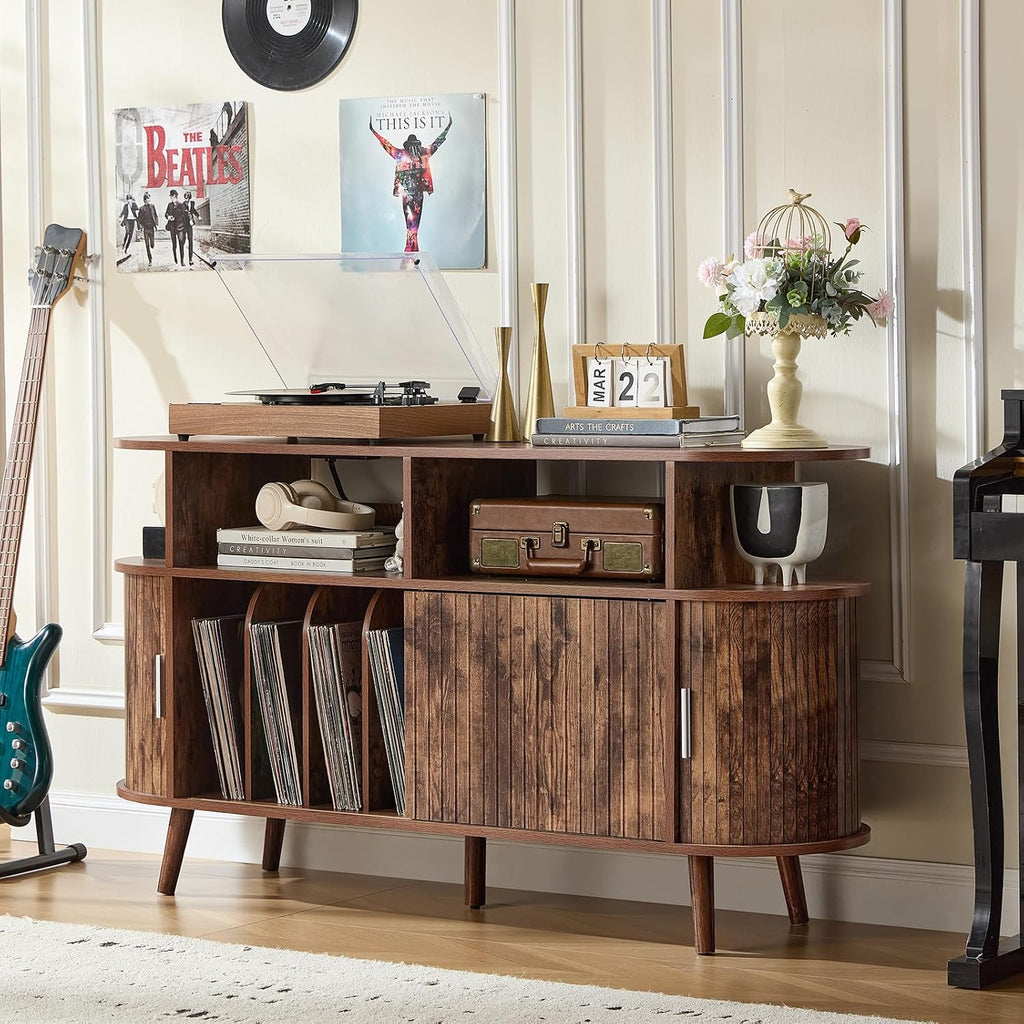 LELELINKY Extra Large Round Record Player Stand with Charging Station & Fluted Panel, Mid Century Modern Turntable Cabinet with Vinyl Storage, Arched Wood Record Player Table for Living Room,Brown
