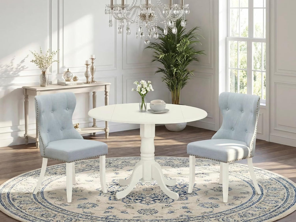 East West Furniture DLSI3-WHI-15 3 Piece Dining Room Furniture Set Contains a Round Dining Table with Dropleaf and 2 Baby Blue Linen Fabric Upholstered Chairs, 42x42 Inch, Linen White