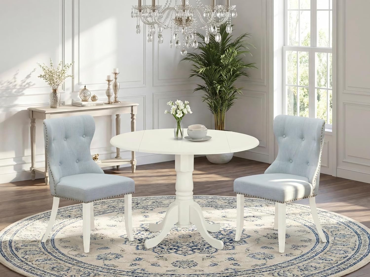 East West Furniture DLSI3-WHI-15 3 Piece Dining Room Furniture Set Contains a Round Dining Table with Dropleaf and 2 Baby Blue Linen Fabric Upholstered Chairs, 42x42 Inch, Linen White