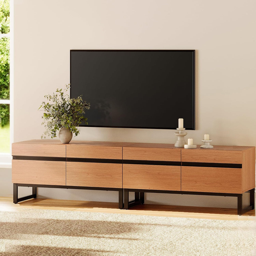 WAMPAT Modern TV Stand for 50-75 Inch TVs, Wood Entertainment Center with Metal Base Storage Cabinets, Media TV Console for Living Room, Mocha, 2Pcs