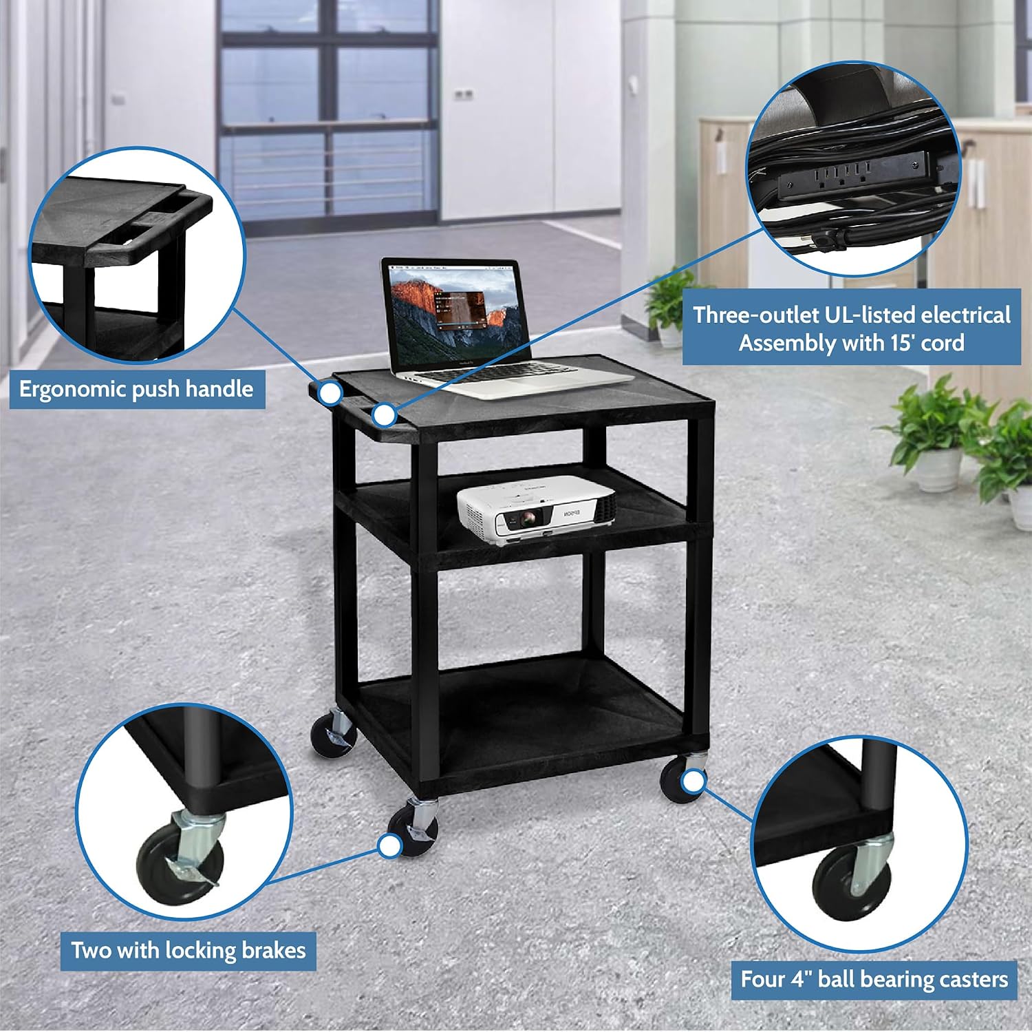H Wilson WT34E Presentation Cart, 34' H, Black