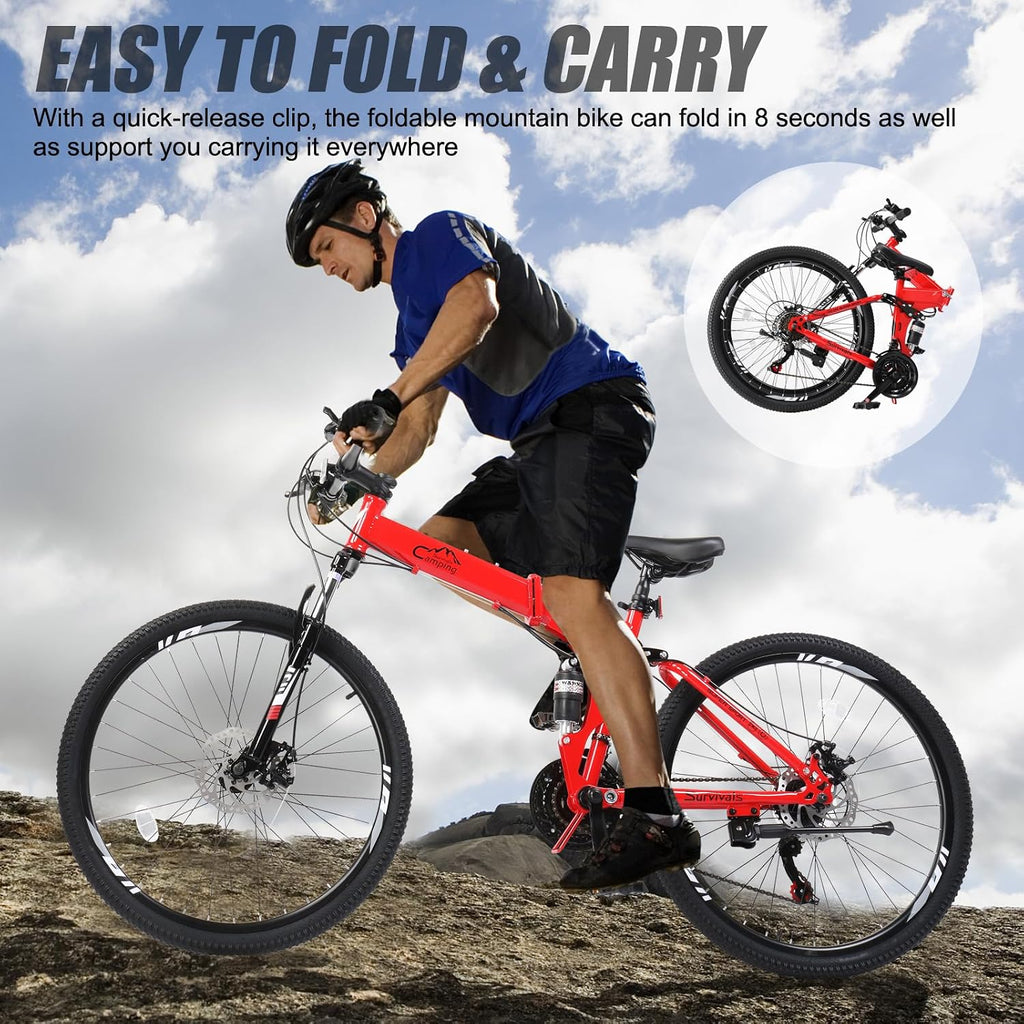 CamPingSurvivals 24/26/27.5 Inch Foldable Bikes for Adults 21 Speed Mountain Bike, Adult Bicycle with High Carbon Steel Frame, Full Suspension, Dual Disc Brake & Adjustable Ergonomic Seat(Black/Red)