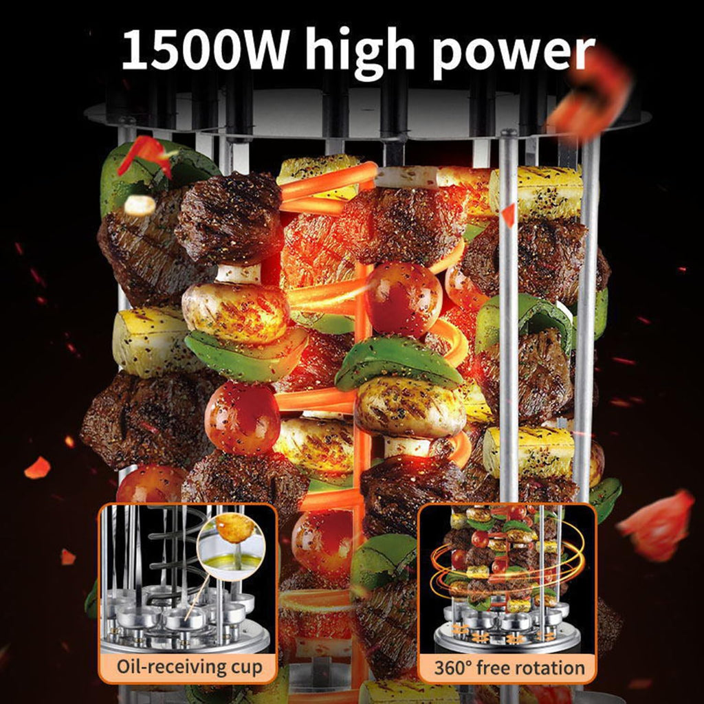 1500W Electric Rotating Vertical Rotisserie Grill,360 Fully Automatic Barbecue Shawarma Machine,w/Oil-Receiving Cup,8 Grilling Forks