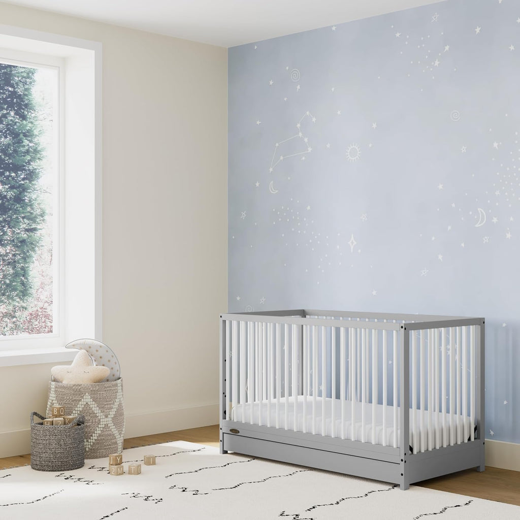 Graco Teddi 5-in-1 Convertible Crib with Drawer – GREENGUARD Gold Certified, Full-Size Nursery Storage Drawer, Baby Crib Converts to Toddler Bed, Daybed and Full-Size Bed (Pebble Gray and White)