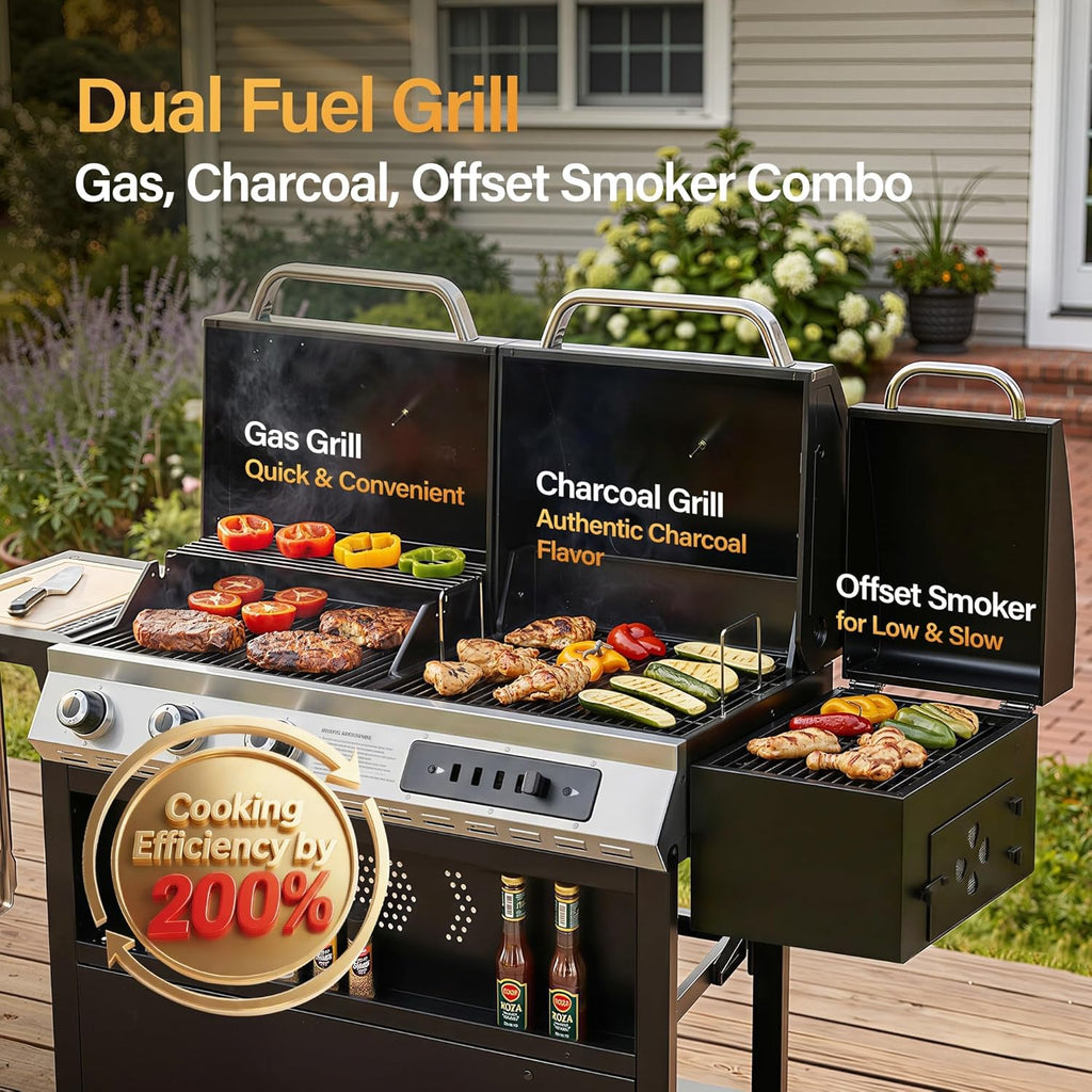 Sophia & William 3-Burner Gas and Charcoal Grill Combo with Offset Smoker - Dual Fuel BBQ Grill, 840 sq. in. Cooking Area, Heavy Duty Propane Barbecue for Outdoor Patio Cooking, Black