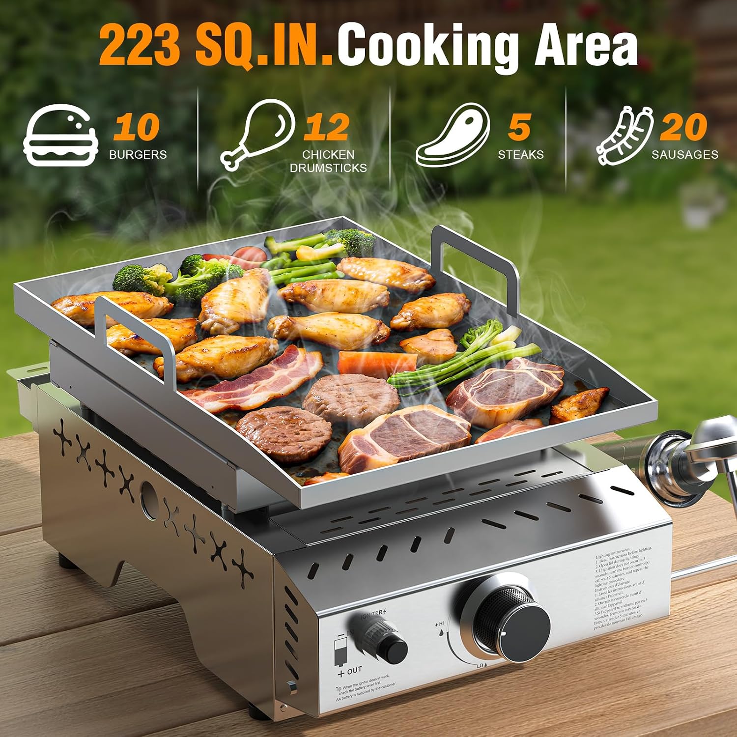 Electactic Stainless Steel Tabletop Grill,18 Inch Portable Propane Grill Griddle with Handle,8000 BTU Flat Top Grill for Camping, Outdoor & Tailgating Barbecue