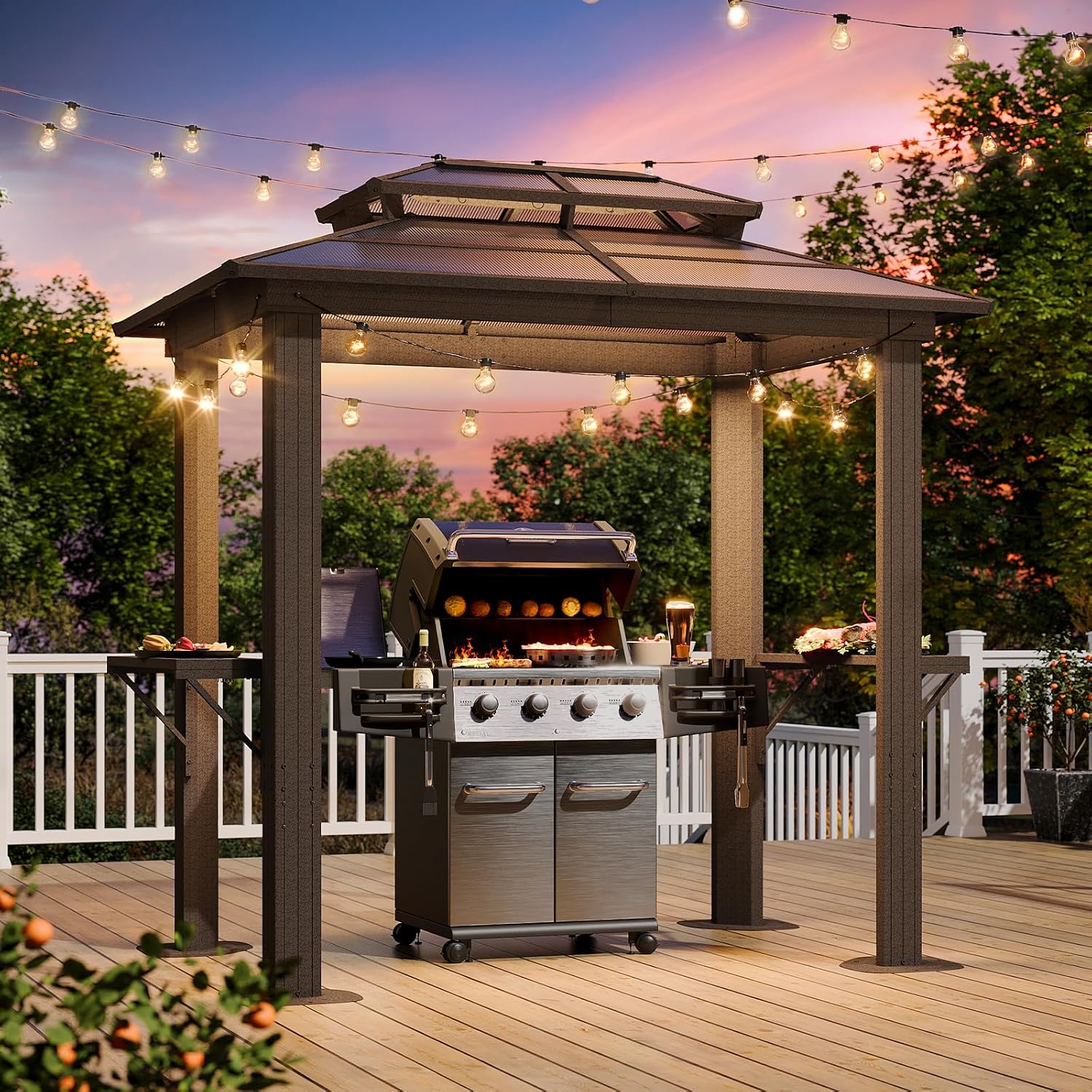 Aoxun Grill Gazebo 8 x 5FT, Aluminum BBQ Gazebo with Double Polycarbonate Top, Grill Canopy Hardtop with Shelves for Lawn, Patio, Garden