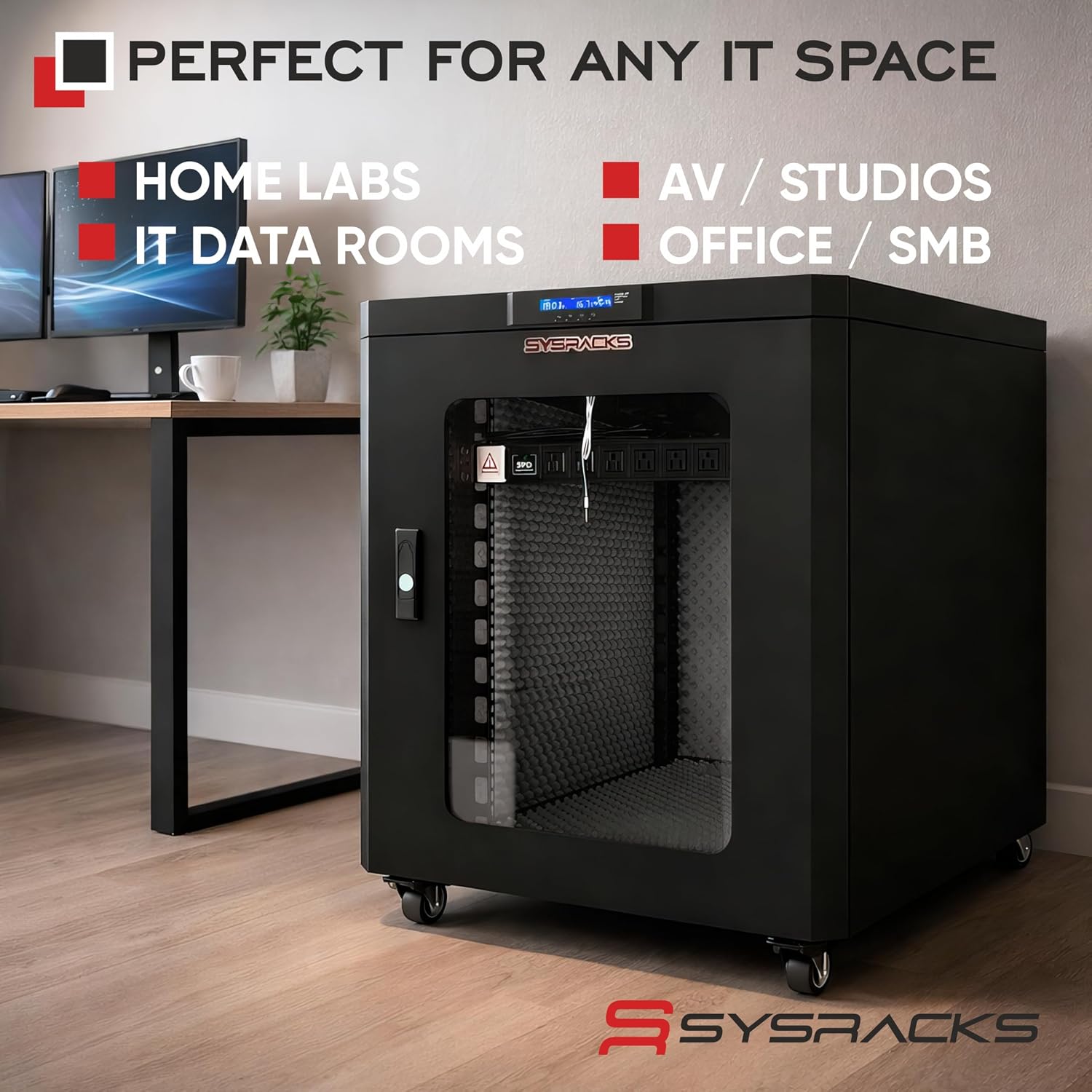 Soundproof Server Rack Cabinet – Quiet Acoustic 19' Network Enclosure with Dual Fans, Thermostat Control, Locking Glass Door, Floor Standing Rack (18U)
