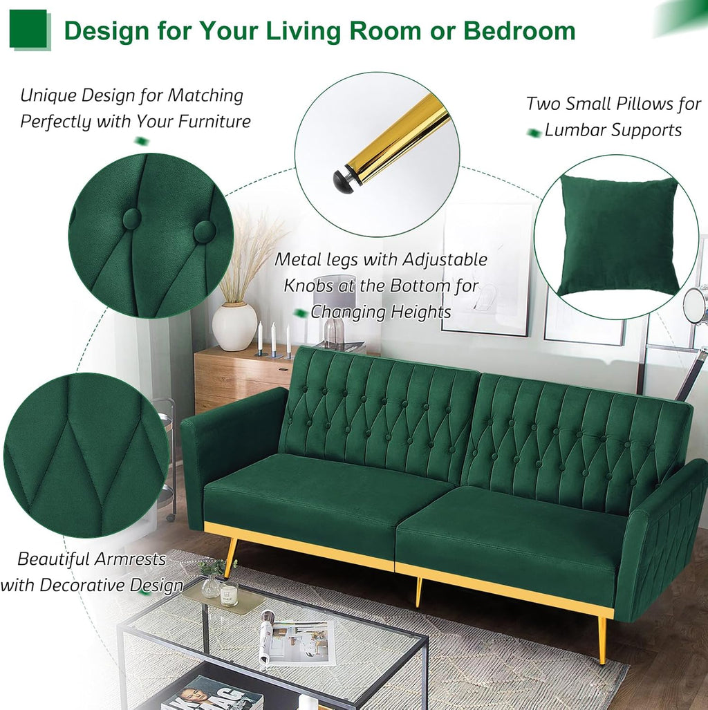 70' Velvet Futon Sofa Bed w/Adjustable Backrests and Armrests, Convertible Futon Couch with 2 Pillows, Modern Tufted Sleeper Bed for Living Room, Bedroom,Green