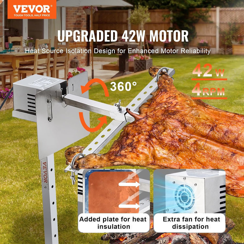 VEVOR Electric BBQ Rotisserie Grill Kit, 52 Inch 88 lbs Capacity, Automatic 38W Motor Height Adjustable Universal Roaster Stand, Stainless Steel Grilling Kit, Spit Rod with Heat Shield for Pig Lamb