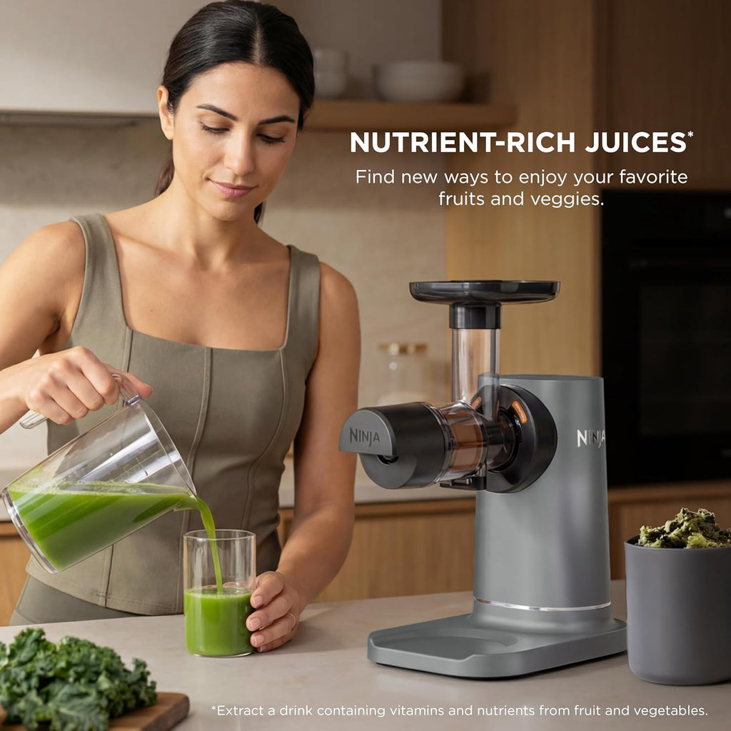 Ninja NeverClog Cold Press Juicer | Powerful Electric Slow Masticating Juicer with Pulp Control | XL Capacity | 24 oz. Juice Jug & 36 oz. Pulp Container | Dishwasher Safe | Charcoal | 150W | JC151