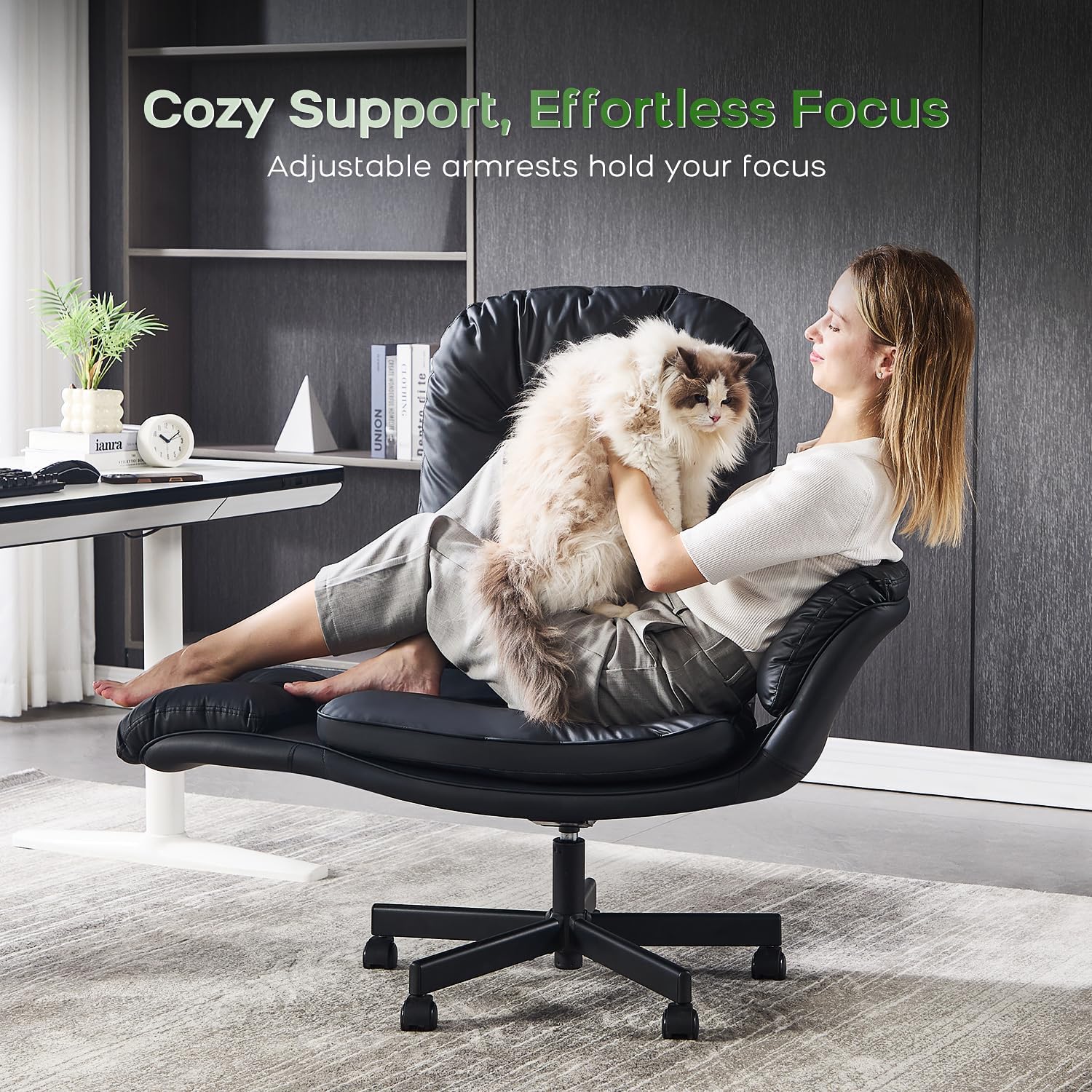 amseatec Criss Cross Chair with Armrests & Wheels for Cross-Legged Sitting, Comfortable Adjustable Swivel Office Desk Chair –PU Leather Vanity Chair for Home, Makeup and Bedroom (Black)