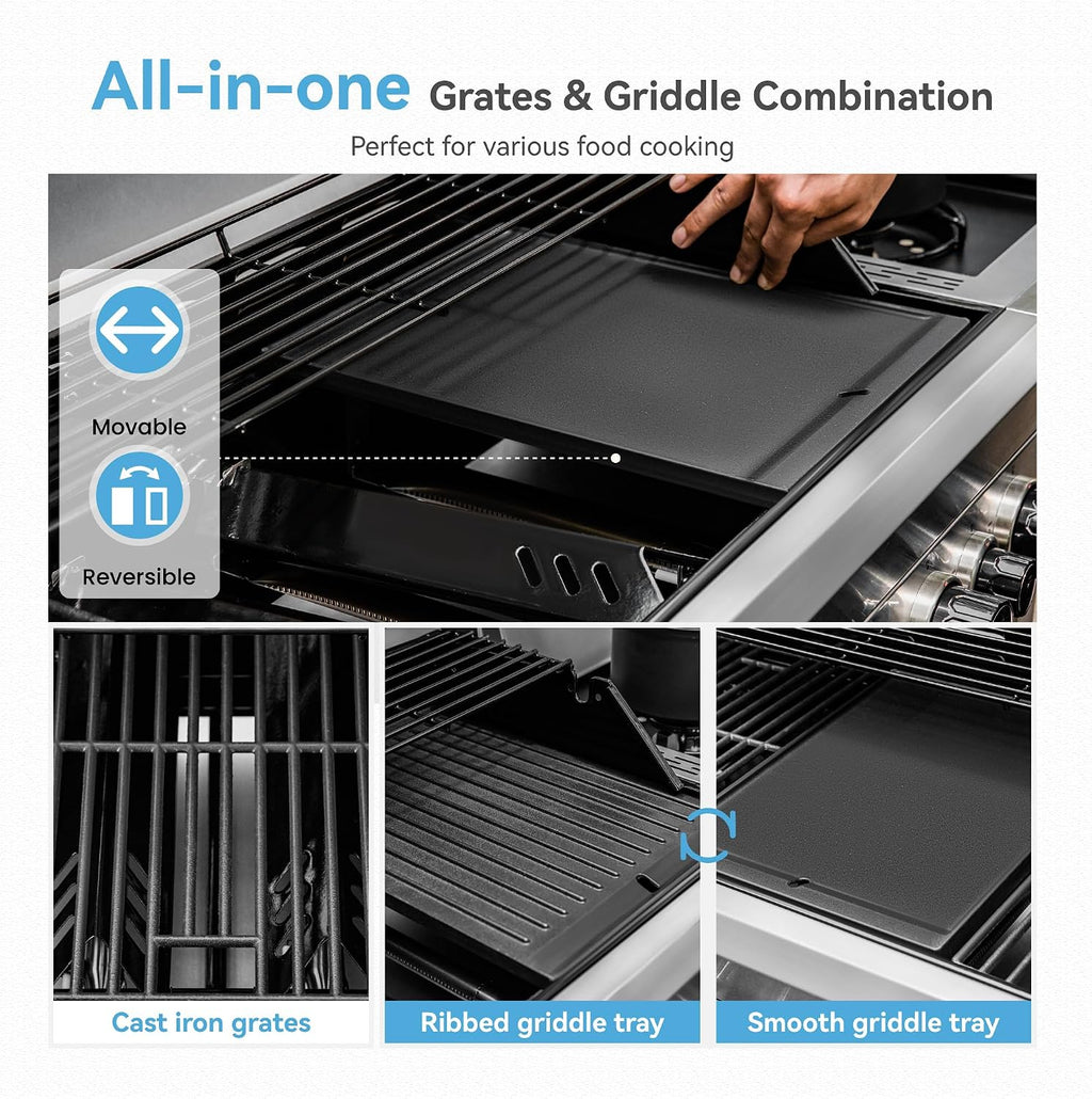 2 in 1 Propane Griddle Grill Combo, 6-Burner Propane Gas BBQ Grill with Porcelain-Enameled Cast Iron Grates & Plate, 42,000 BTU Combo Grill with Side Stove for Outdoor Cooking Camping Patio Backyard
