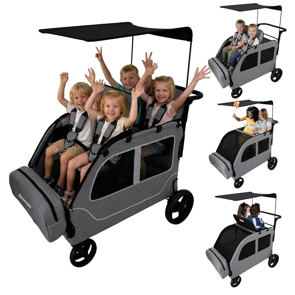 4 Seater Wagon Stroller, Large Quad Wagon for 2 3 4 Kids Baby Toddler Child with Seats, All Terrain, Triple Stroller, Adjustable Push/Pull Handles, Removable Canopy (Dark Grey)
