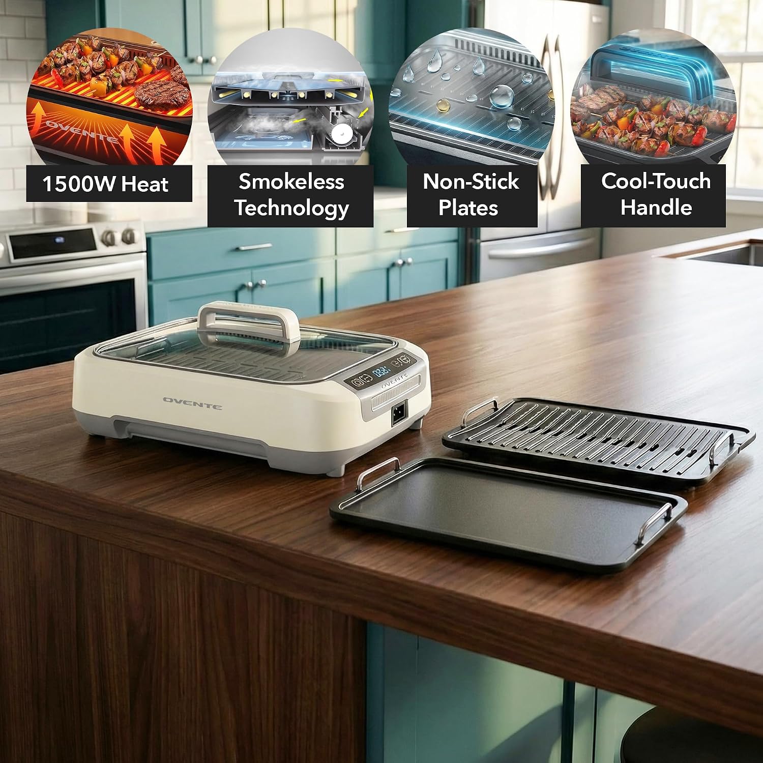 OVENTE Smokeless Indoor Grill, 1500W Electric Portable Korean BBQ Grill with One-Touch Control, LED Smart Display, Tempered Glass Lid, Two Removable Non-Stick and Dishwasher Safe Plates, White SGR85W