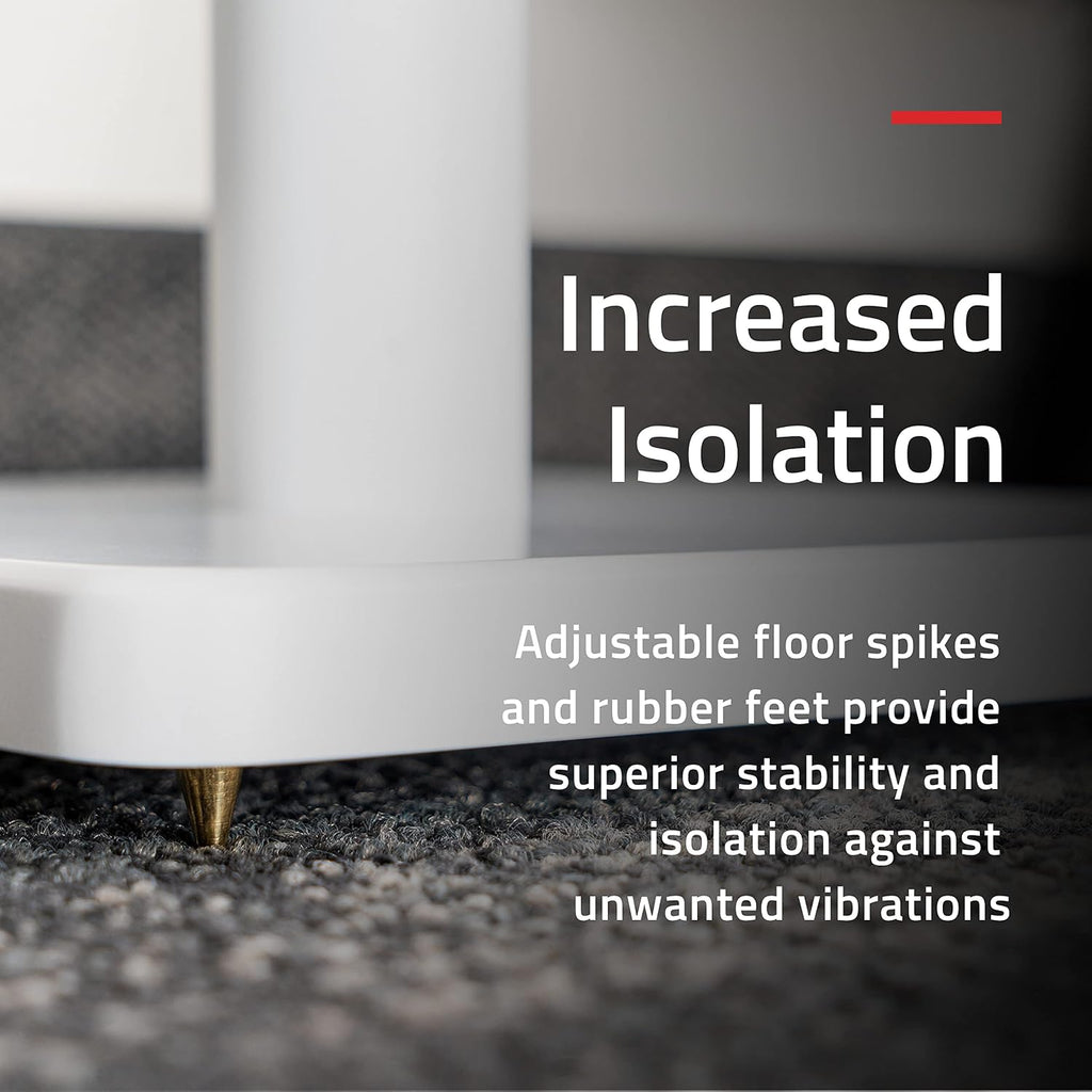 Fluance Floor Speaker Stands for Surround Sound and Bookshelf Speakers with Solid Construction, Adjustable Floor Spikes, Rubber Isolation Feet, Cable Management, Square Base - Matte White/Pair SS05SWH