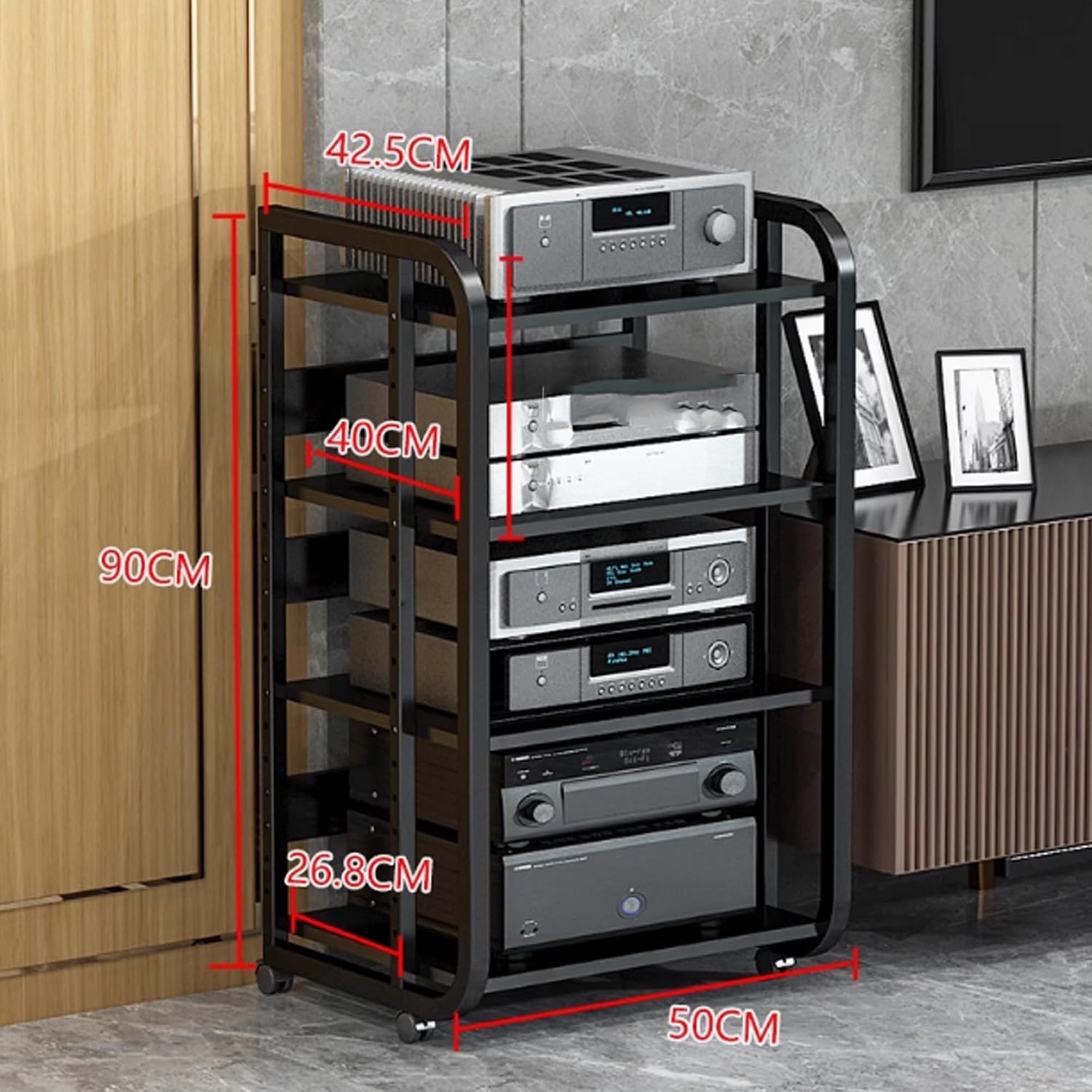 AV Media Stand - Audio Video Shelving Rack with Wheels, Open Storage for Stereo Equipment, Media Console for Home, Office, Theater & Recording Room (Black, 50x42.5x90cm)