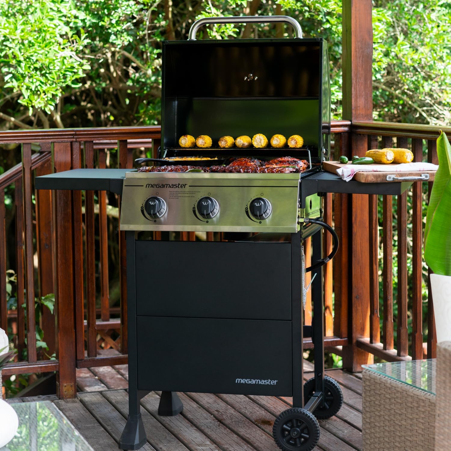 Megamaster 3-Burner Propane Gas Grill with Folding Side Tables, 30,000BTUs, 429.81 sq. in. Cooking Space, Stainless Steel Control Panel, Outdoor Kitchen Grill for BBQs, Patios, and More - 720-0988EA