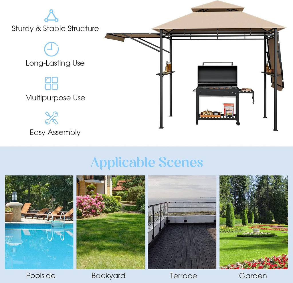 Tangkula 13.5x4 Ft Grill Gazebo with Dual Side Awnings, Double Tiered BBQ Gazebo with 2 Side Shelves, Heavy-Duty Steel Frame, CPAI-84 Barbecue Grill Gazebo Shelter for Patio, Garden, Beach, Terrace