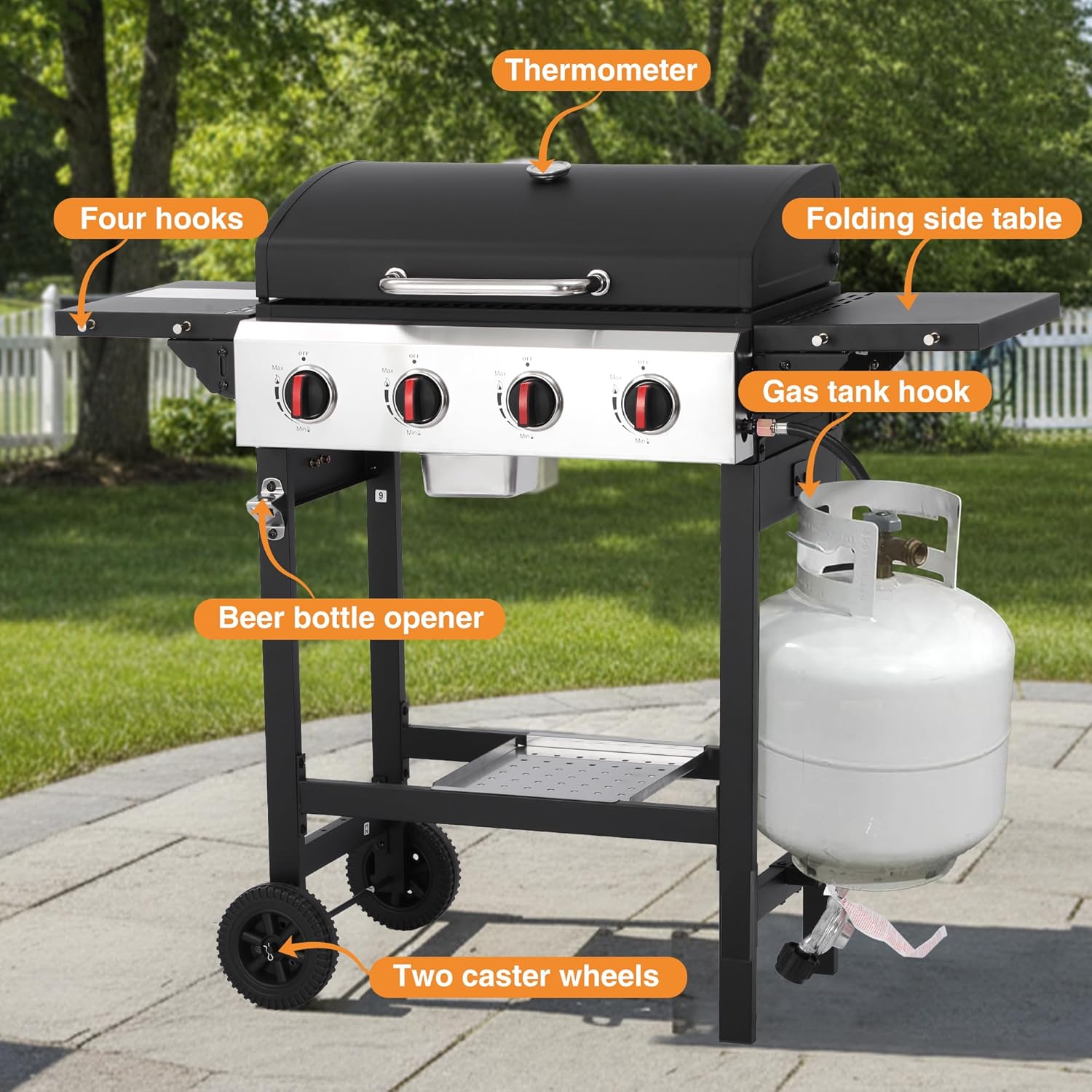 4 Burner Gas Grills Outdoor Cooking Propane Gas Grill BBQ Grill Portable Barbecue Grills with Cast Iron Grate, Pan and Folding Side Table 40000 BTU Output Easy-Clean