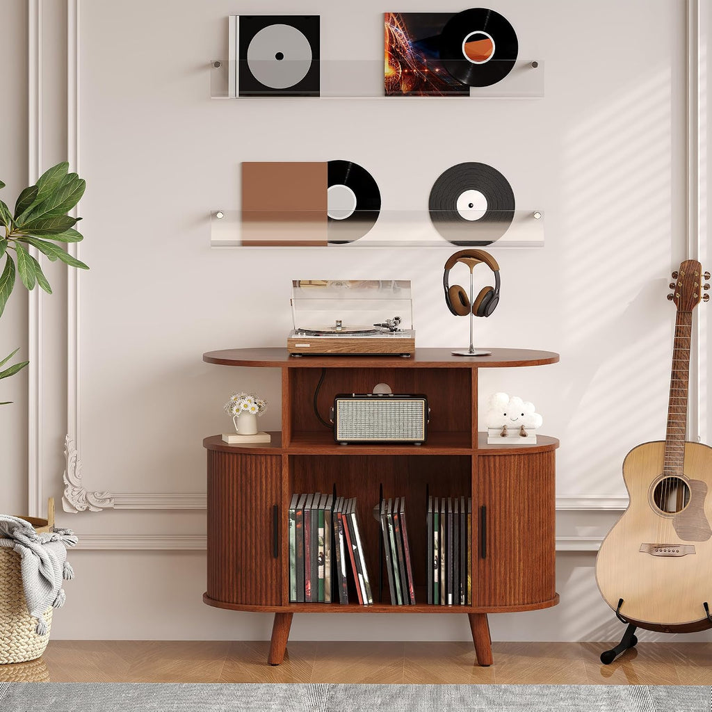 GarveeHome Large Round Record Player Stand with Charging Station and USB Ports, Rustic Vinyl Record Player Turntable Stand Storage Cabinet with Open Shelves Holder Mid-Century Design