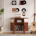 GarveeHome Large Round Record Player Stand with Charging Station and USB Ports, Rustic Vinyl Record Player Turntable Stand Storage Cabinet with Open Shelves Holder Mid-Century Design