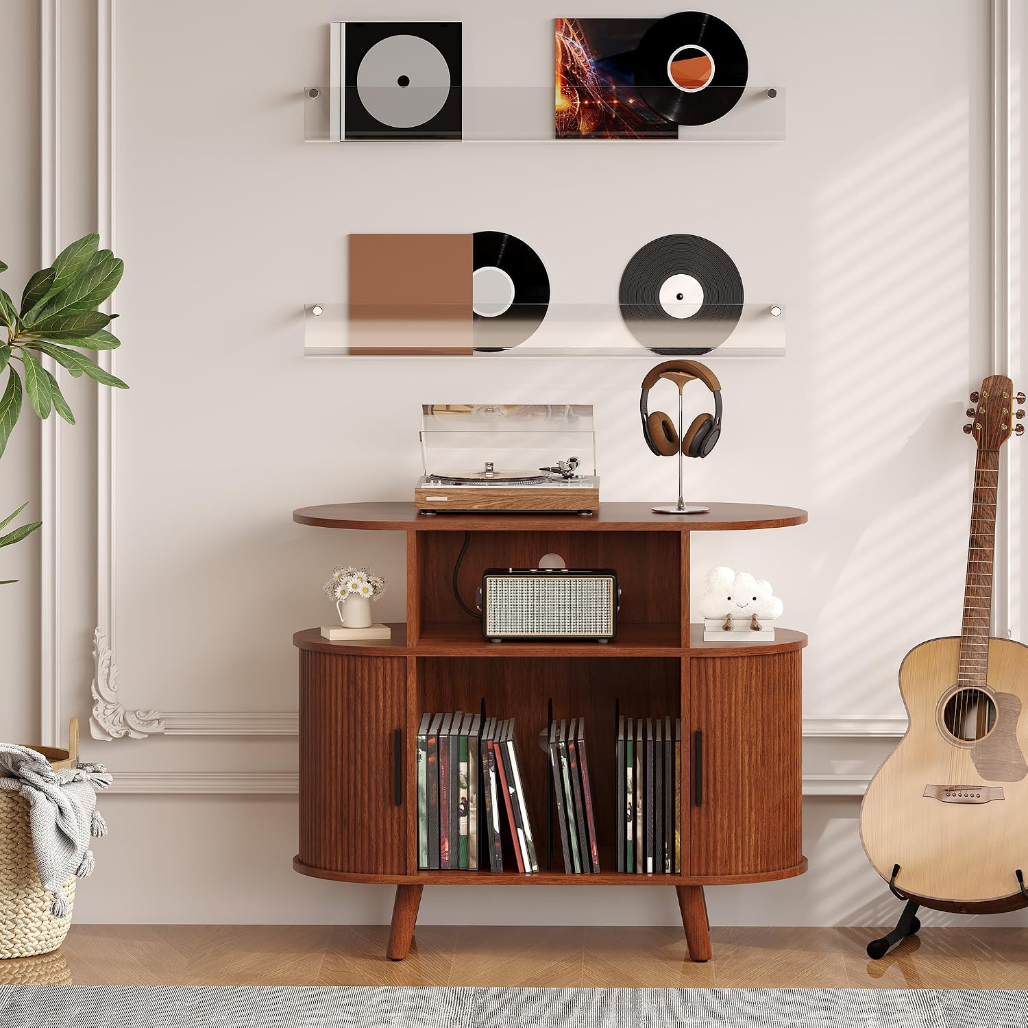 GarveeHome Large Round Record Player Stand with Charging Station and USB Ports, Rustic Vinyl Record Player Turntable Stand Storage Cabinet with Open Shelves Holder Mid-Century Design