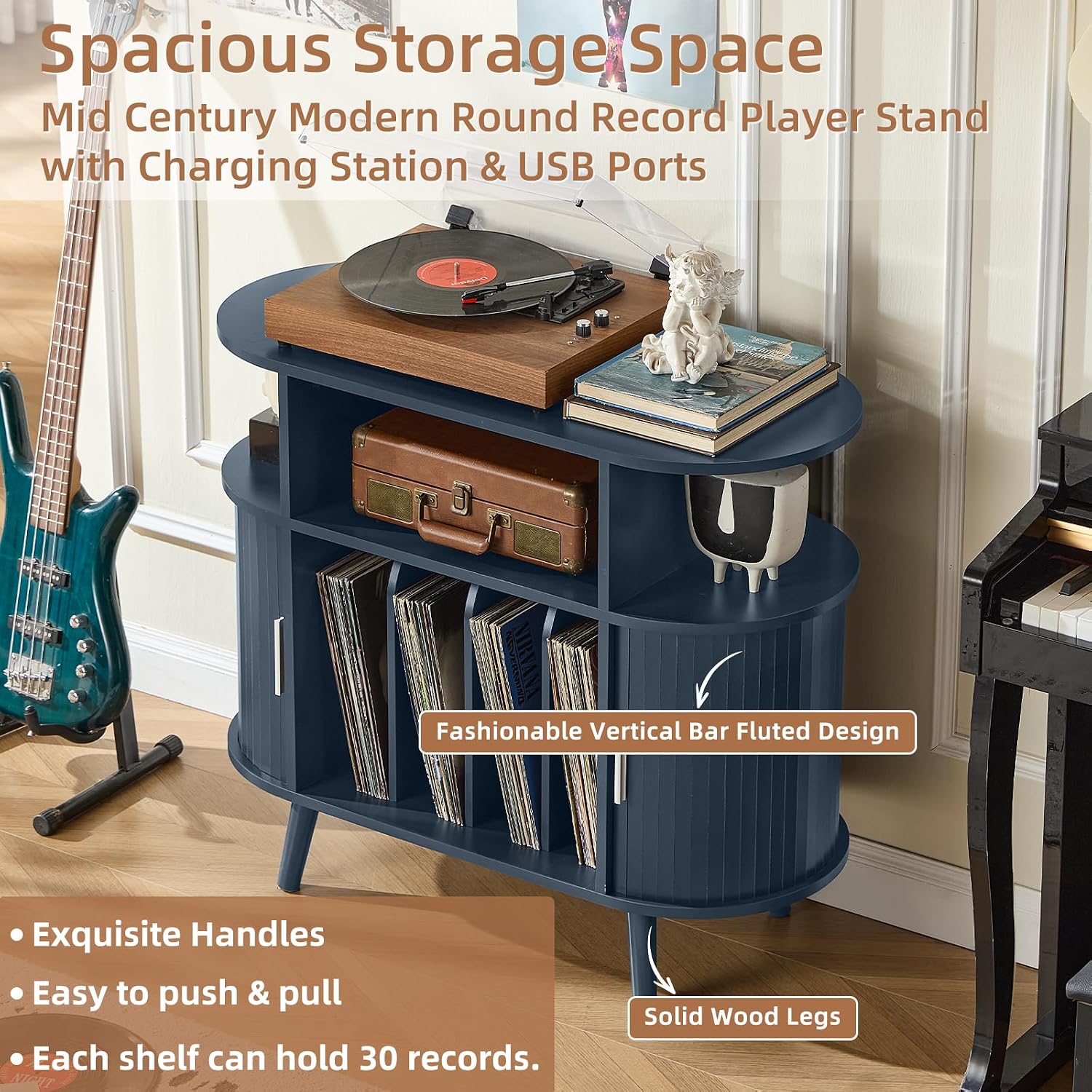 LELELINKY Large Round Record Player Stand with Charging Station & Fluted Panel,Navy Blue Mid Century Modern Turntable Cabinet with Vinyl Storage, Arched Wood Record Player Table for Living Room