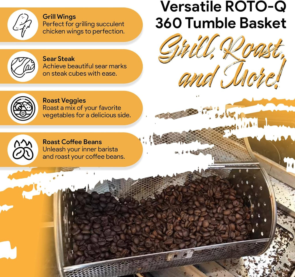 ROTO-Q 360 Cordless Rotisserie Kit w/Tumble Basket - Stainless Steel, Non-Electric - For Grills, Ovens, Smokers - Gas/Charcoal BBQ, Kamado Joe, Green Egg, Kettle - Indoor/Outdoor Use (Black)