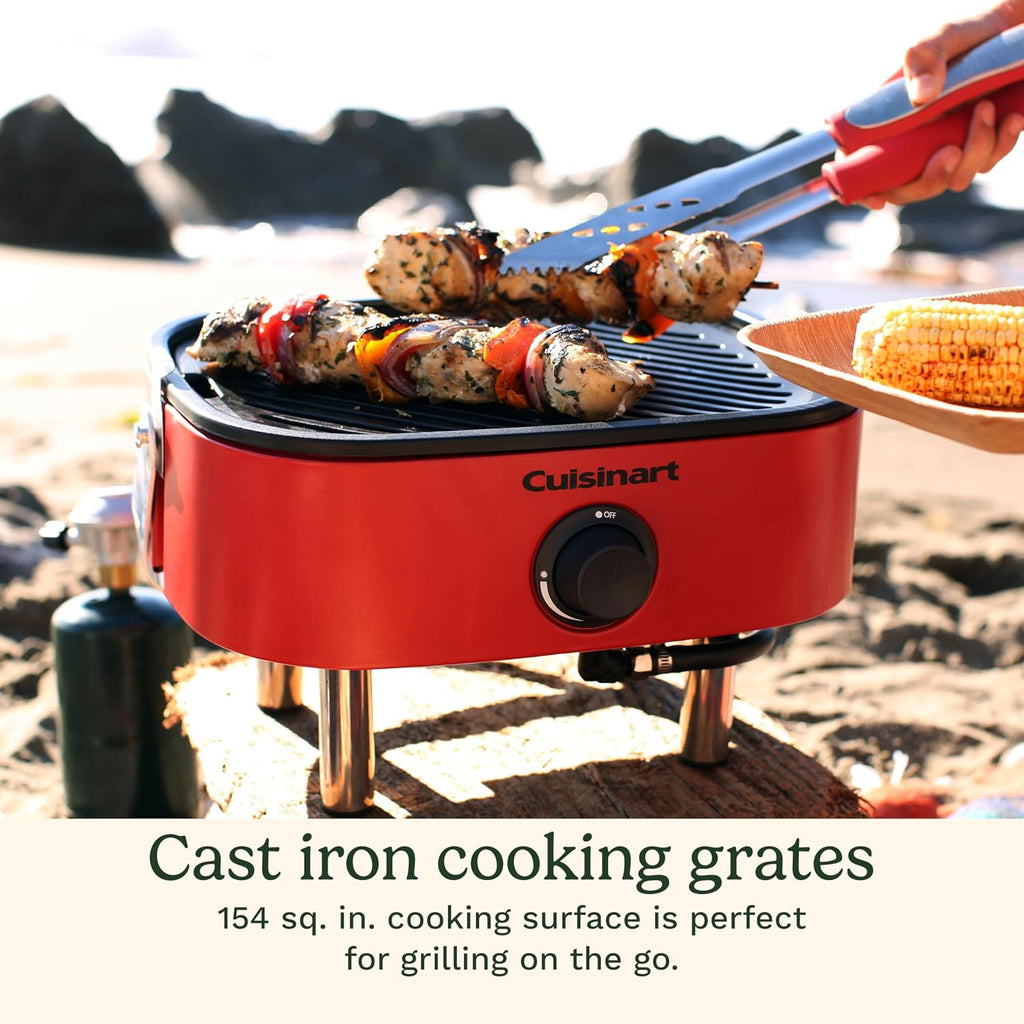 Cuisinart Venture™ Portable Gas Grill, Small Camping Grill with Cutting Board and Handle, Non Stick Porcelain Enameled Cast Iron Grate, 9,000 BTU Stainless Steel Burner for Camping, Tailgates, Beaches