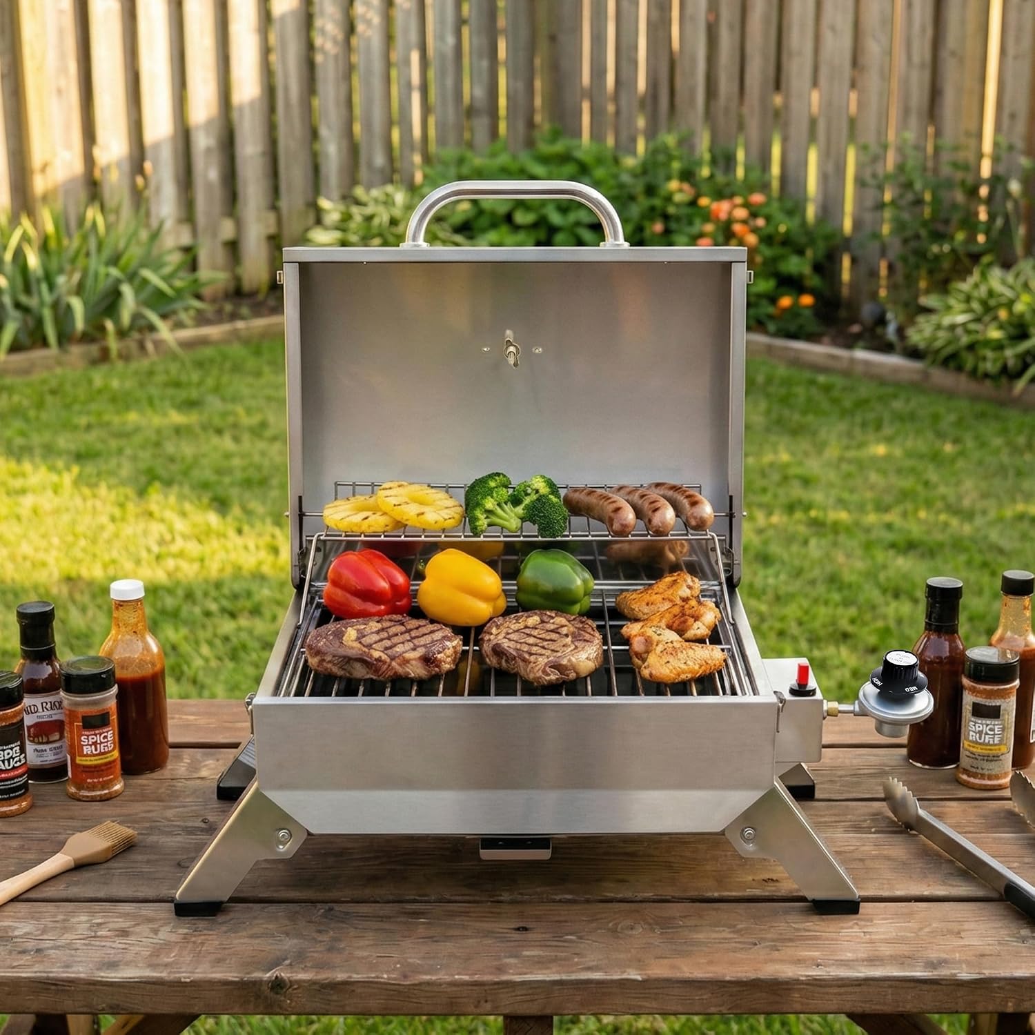 Royal Gourmet GT1001 Stainless Steel Portable Grill, 10000 BTU BBQ Tabletop Gas Grill with Folding Legs and Lockable Lid, Outdoor Camping, Deck and Tailgating, Silver