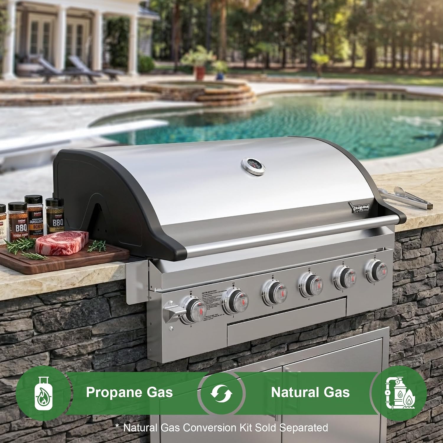 Brand-Man Propane Gas Grill, 40-Inch 6-Burner Built-In Head BBQ Island Outdoor Kitchen, Natural Gas Convertible, Heavy Duty 304 Stainless Steel, 60,000BTUs