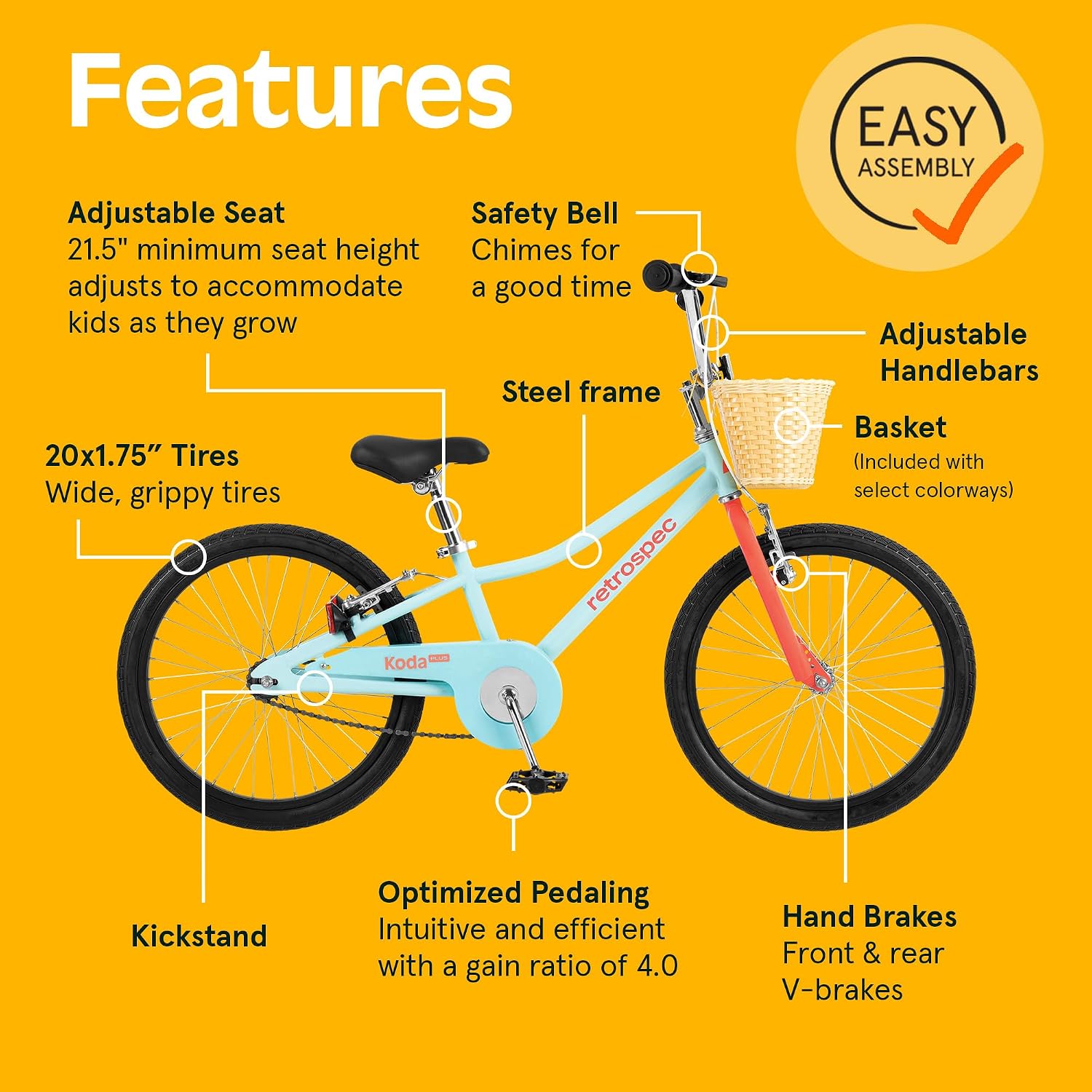 Retrospec Koda Plus Kids Bike for Boys & Girls Ages 6-8 Years - Children's Bicycle, Adjustable Seat & Handlebars
