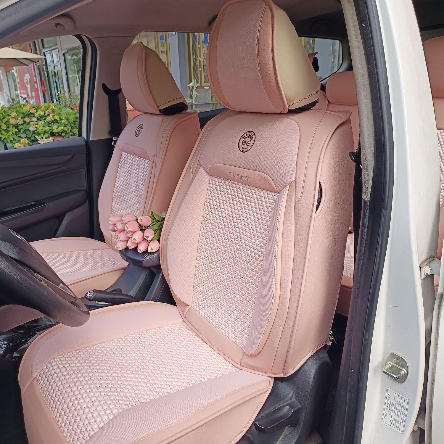 Baby Pink Car Seat Covers Full Set - Leather and Ice Silk Breathable Front and Rear Seat Covers for Women Men, Luxury Car Cushions