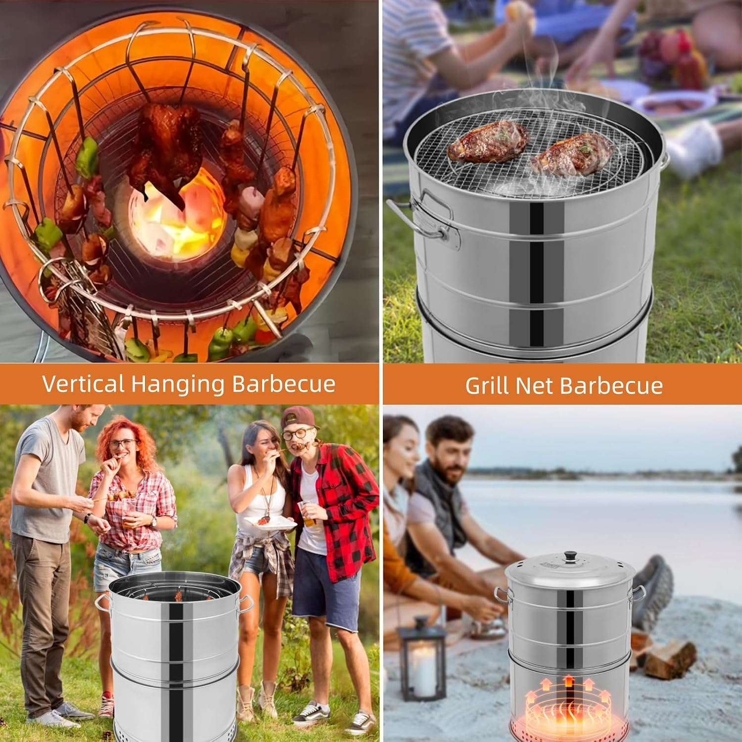 Large Stainless Steel Charcoal Hanging BBQ Grill, Charcoal Grills 360° Rotating Vertical Grill Portable Barbecue Barrel for Outdoor Cooking, Camping, Garden, Party