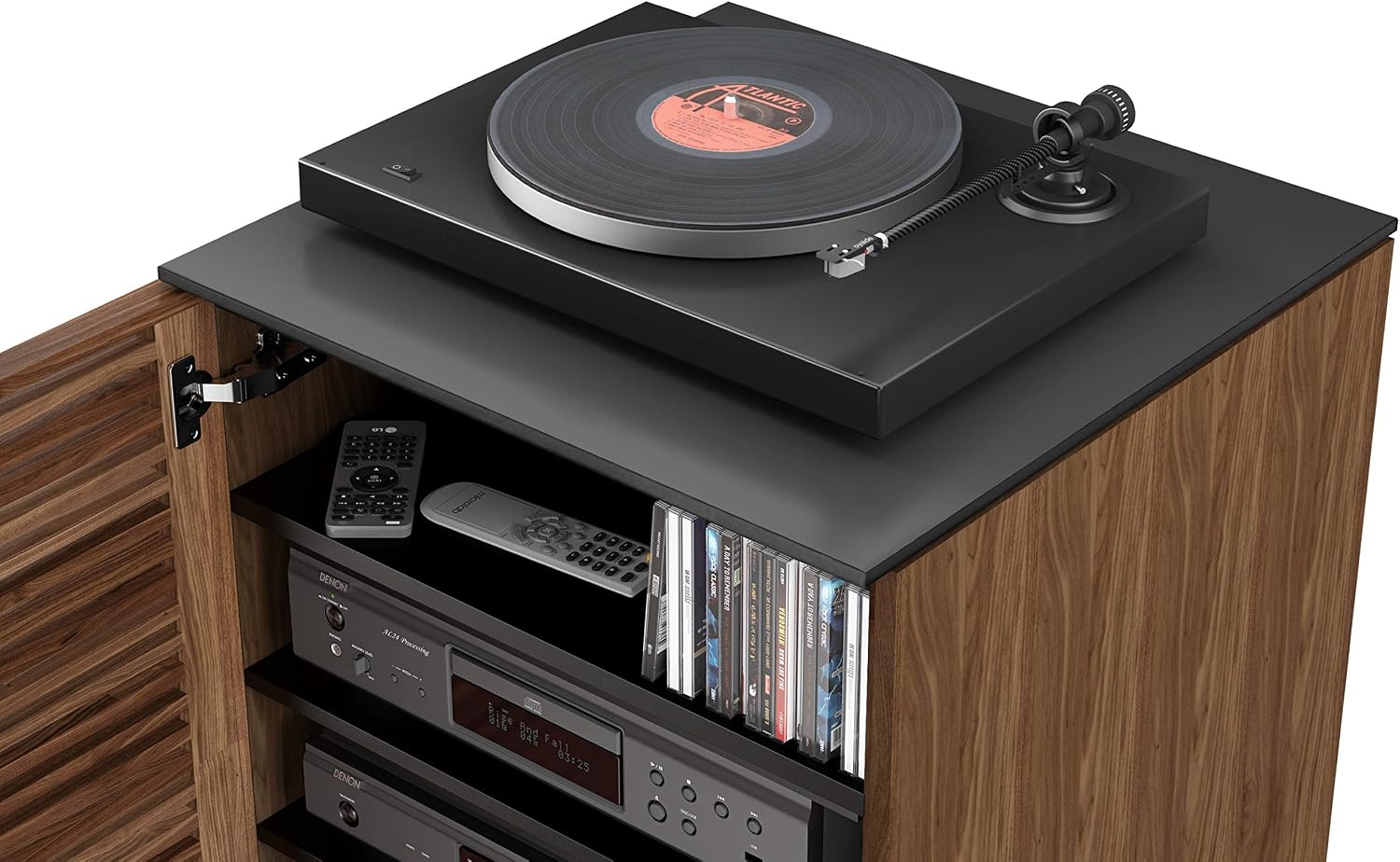 BDI Furniture Corridor 8172-22'' Audio Cabinet with Flow-Through Ventilation, Cable Management, Adjustable Shelves, Louvered Doors, Satin-Etched Tempered Glass Top, Natural Walnut