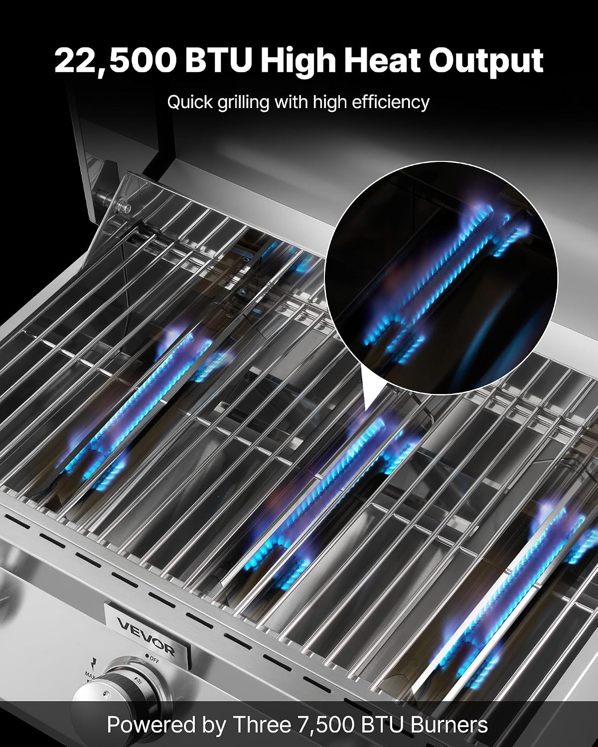 VEVOR Tabletop Gas Grill, 3-Burner Stainless Steel Portable Propane Grill, with Built-in Thermometer, Travel Locks, Weatherproof Lid, 22,500 BTU Total, for Outdoor Cooking, Patio, Party, Camping, RV