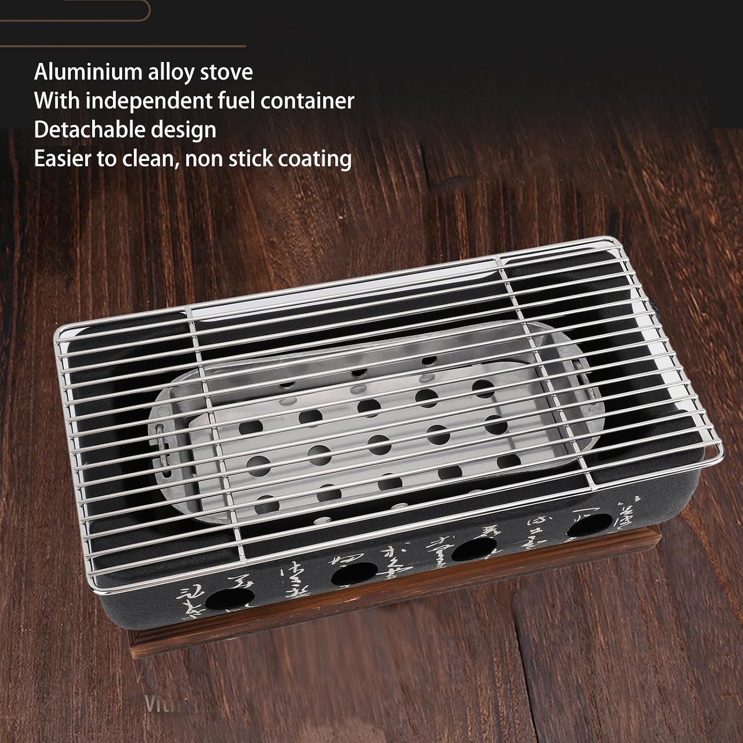 FLEXMAN Japanese Style Barbecue Grill, Portable Japanese Cuisine Charcoal Stove, Mini Rectangle Korean Bbq Grill with Wood Base Wire Plate for Family Gatherings Camping Picnics (XL)