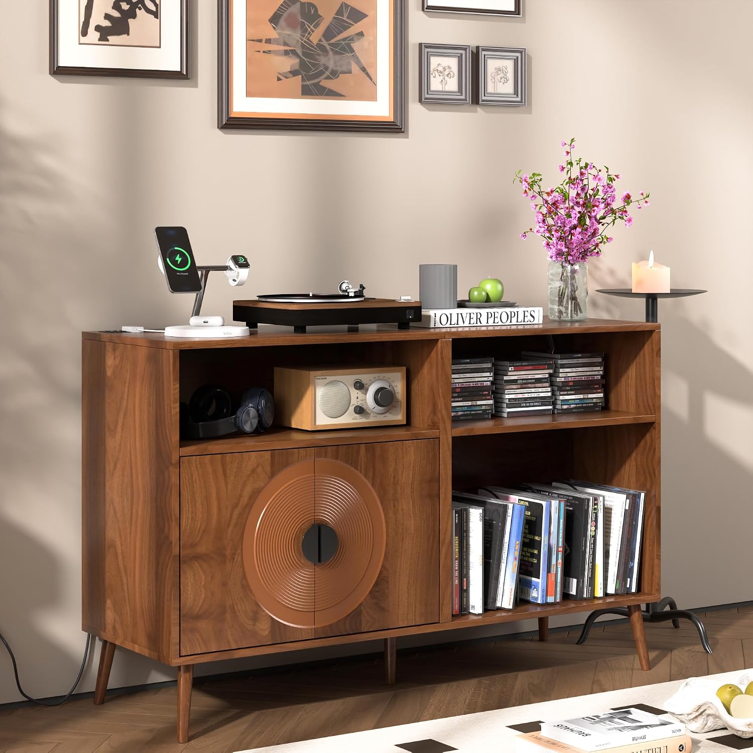Fiogmub Large Record Player Stand, Mid Century Turntable Stand with Door, Record Player Table Holds Up to 350 Albums,Vinyl Display Shelf for Living Room (Brown)