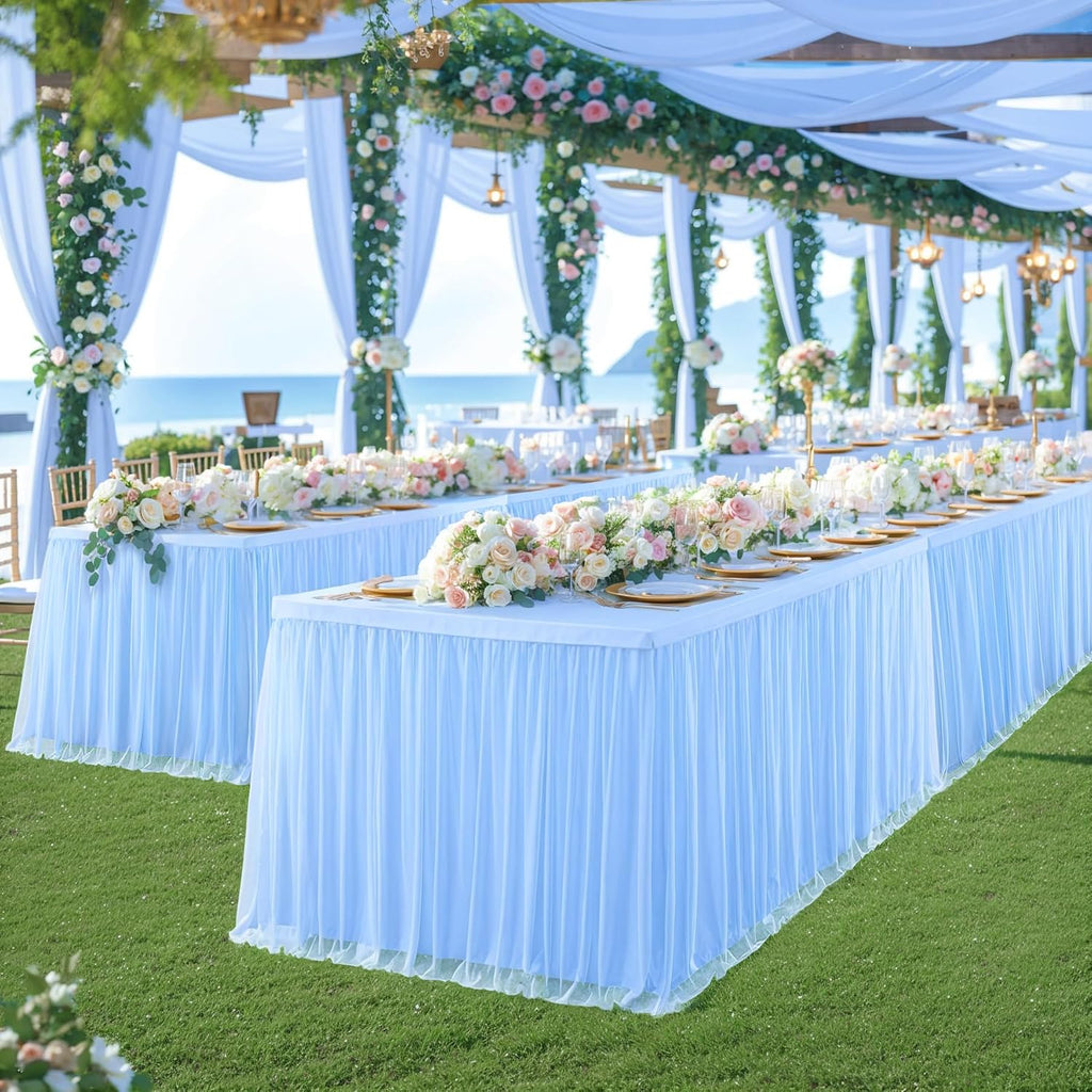 6 Pack Baby Blue Table Cloth for 6 Foot Rectangle Tables, Stretch Fitted Tulle Table Covers Skirt, Rectangular Ruffle Tutu Tablecloth Wedding Baby Shower Baby Shower Cake Tablecloths