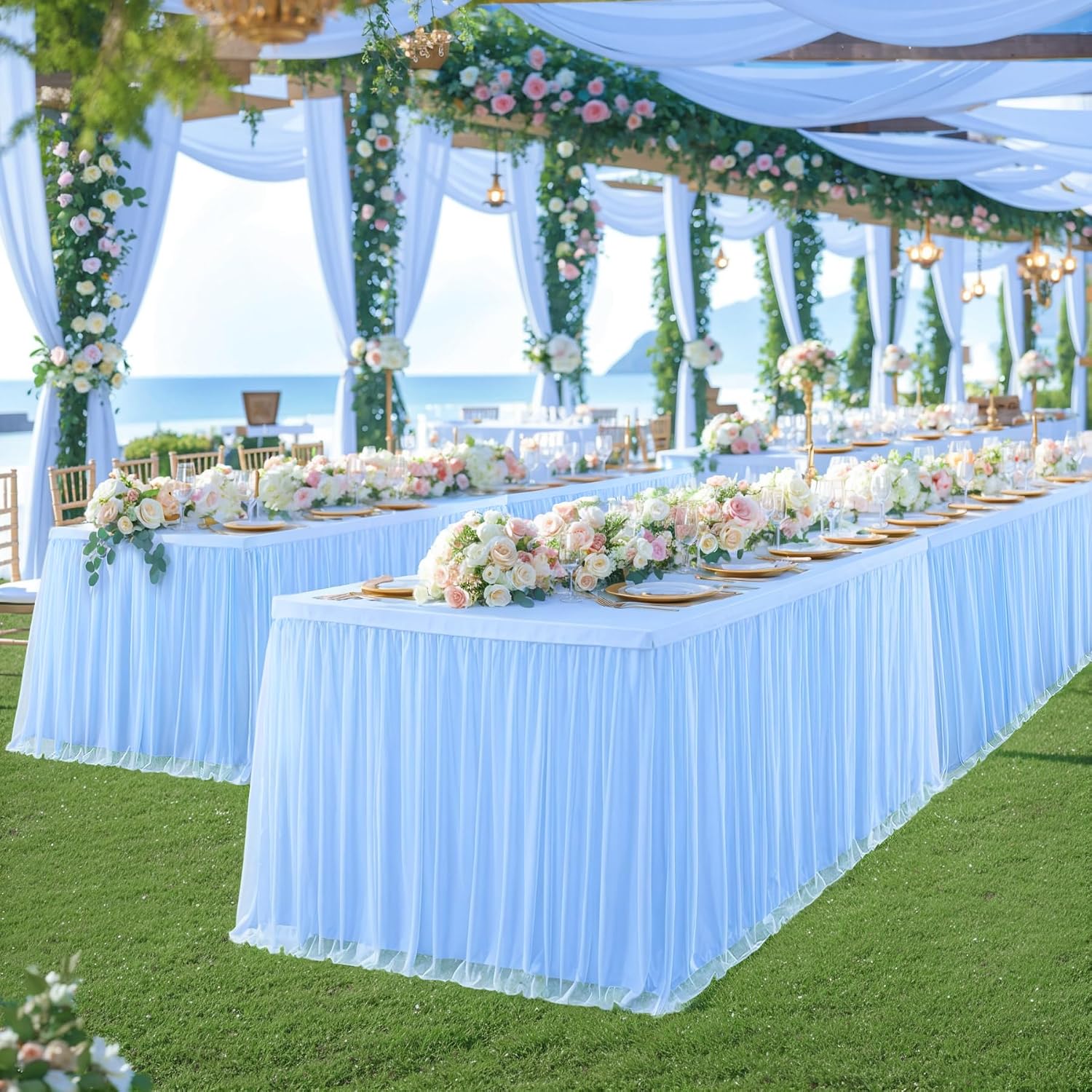 6 Pack Baby Blue Table Cloth for 6 Foot Rectangle Tables, Stretch Fitted Tulle Table Covers Skirt, Rectangular Ruffle Tutu Tablecloth Wedding Baby Shower Baby Shower Cake Tablecloths
