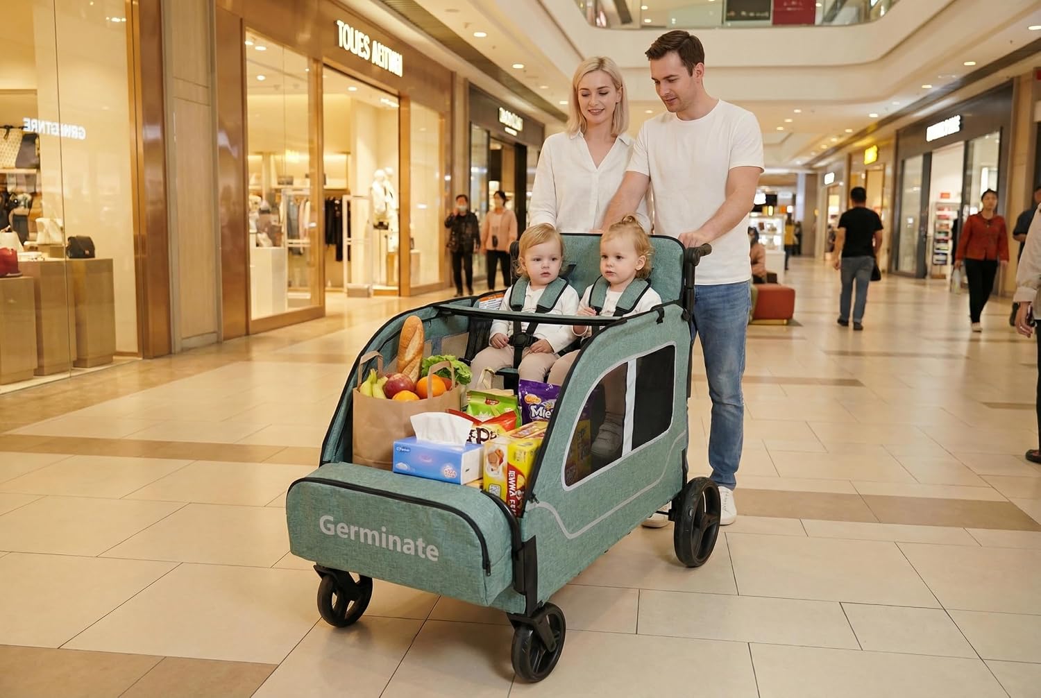 4 Seater Wagon Stroller, Large Quad Wagon for 2 3 4 Kids Baby Toddler Child with Seats, All Terrain, Triple Stroller, Adjustable Push/Pull Handles, Removable Canopy (Green)