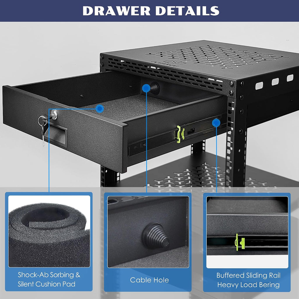 16U Server Rack Cabinet with Drawer & Full Size Rack Shelf - Integrated Top/Bottom Panels, 4 Rolling Wheels for 19' Equipment & Home Lab Studio