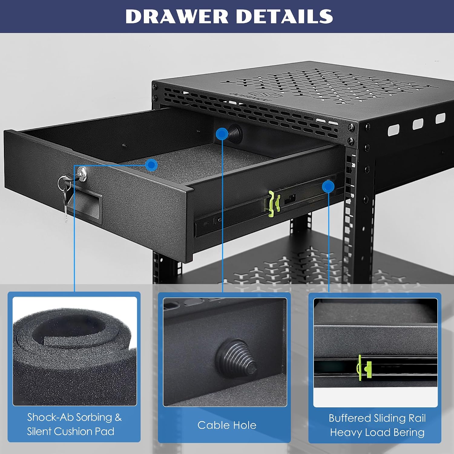 24U Server Rack Cabinet with Drawer & 2 PCS Full Size Rack Shelves - Integrated Top/Bottom Panels, 4 Rolling Wheels for 19' Equipment & Home Lab Studio