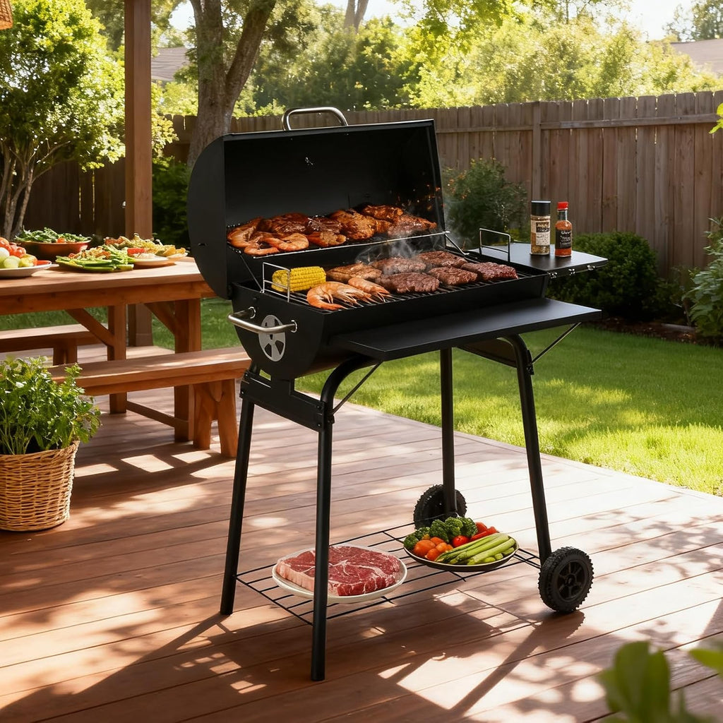 VINGLI Upgraded Barrel Charcoal Grill with Side Front Tables, Adjustable Charcoal Tray BBQ Grill Outdoor Smoker Grill with Wheels for Party Garden Patio and Backyard Cooking 39''D × 24''W × 46''H