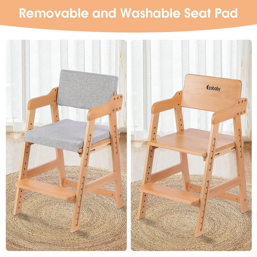 Ezebaby Wooden High Chair for Toddlers to Teens Adjustable Kids Learning Chair with Steps, Child Seats with Removable Cushion (Natural Color)