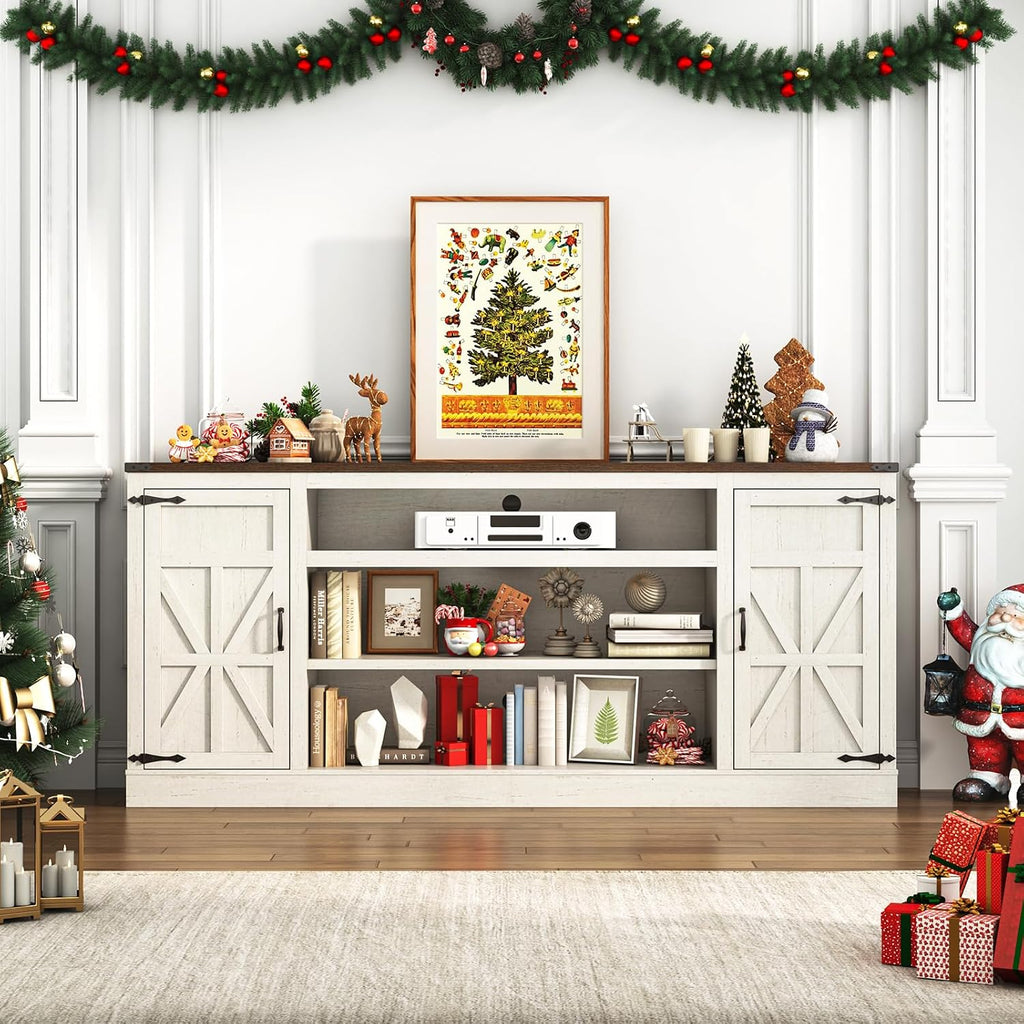 Hlivelood 75' Farmhouse TV Stand with Power Outlets for 85 Inch TVs, 33' Tall Entertainment Center with Storage Cabinets w/Adjustable Shelves, Rustic Large TV Media Console, Rustic White