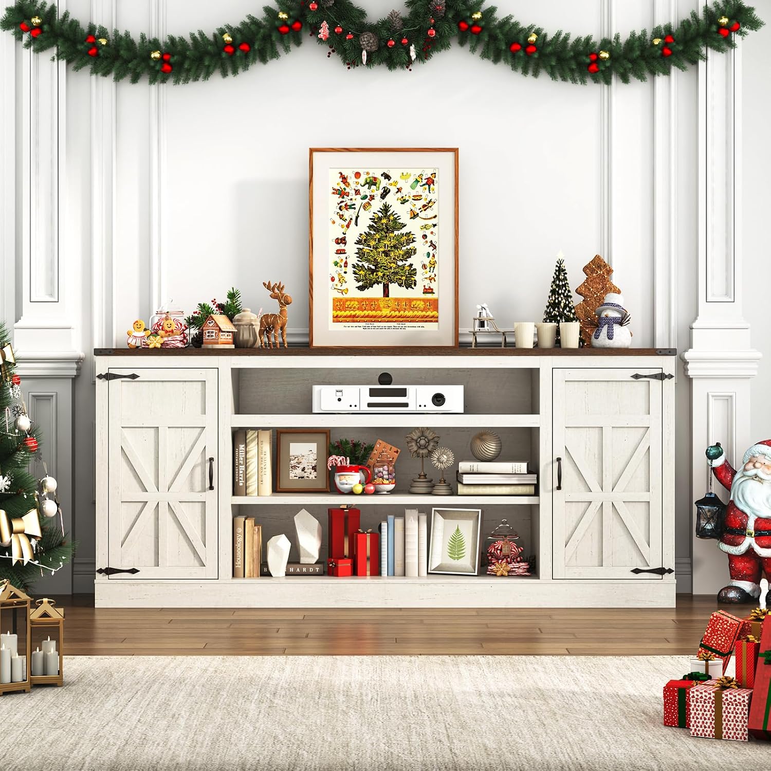 Hlivelood 75' Farmhouse TV Stand with Power Outlets for 85 Inch TVs, 33' Tall Entertainment Center with Storage Cabinets w/Adjustable Shelves, Rustic Large TV Media Console, Rustic White